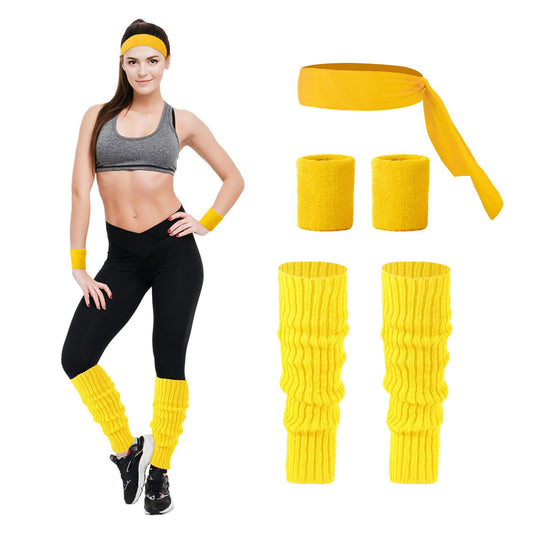 Junely 80s Accessories for Women Neon Leg Warmers Headband and Wristbands Set Knit Legwarmers for Ballet Dance Figure Skating Ice Skating Boot Yellow