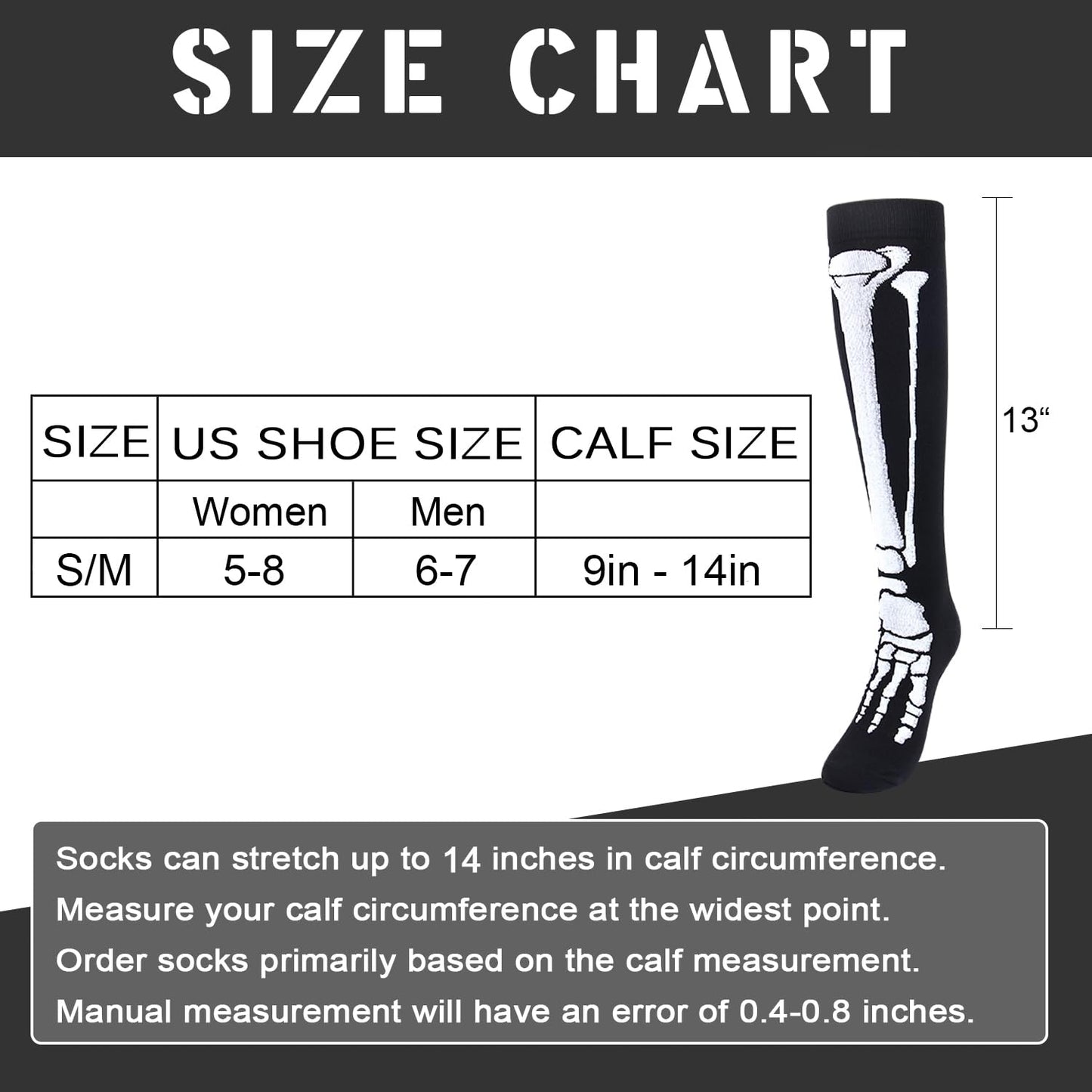 Junely Compression Socks for Women Skeleton Knee High Stockings for Halloween Gothic Running Athletic Nurses Pregnant Women Work Support Travel Flight Sports Gifts Black