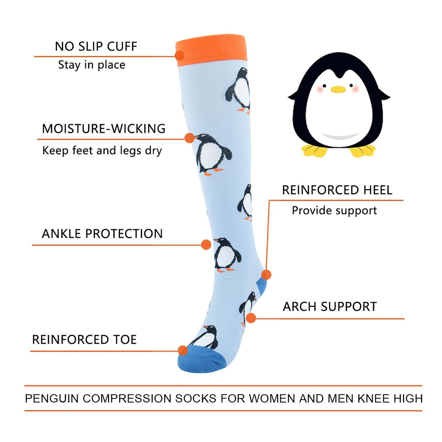 Junely Compression Socks for Women 20-30 mmhg Penguin Knee High Stockings for Running Athletic Nurses Pregnant Women Work Support Travel Flight Sports Penguin Gifts Blue