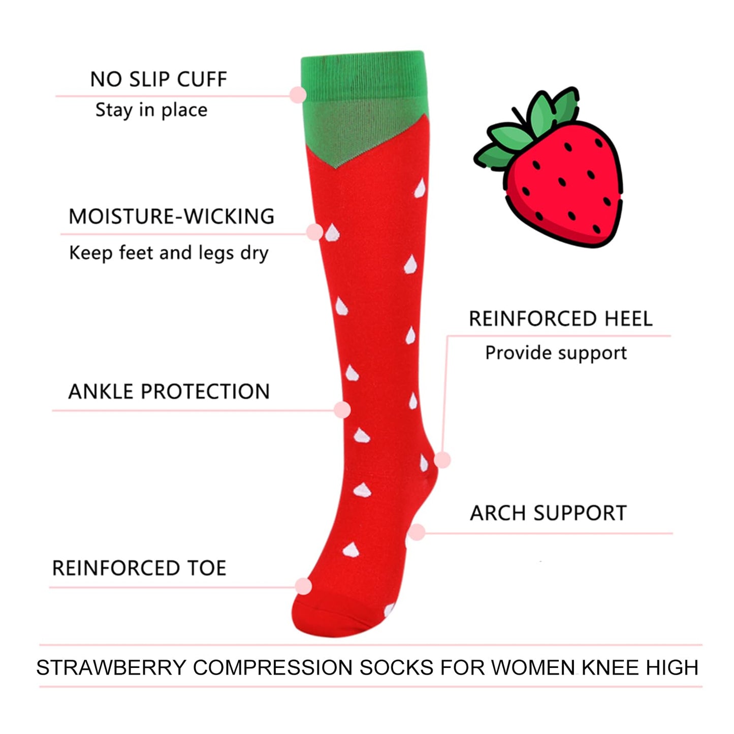 Junely Compression Socks for Women 20-30 mmhg Strawberry Knee High Socks for Running Athletic Nurses Pregnant Women Work Support Travel Flight Sports Red