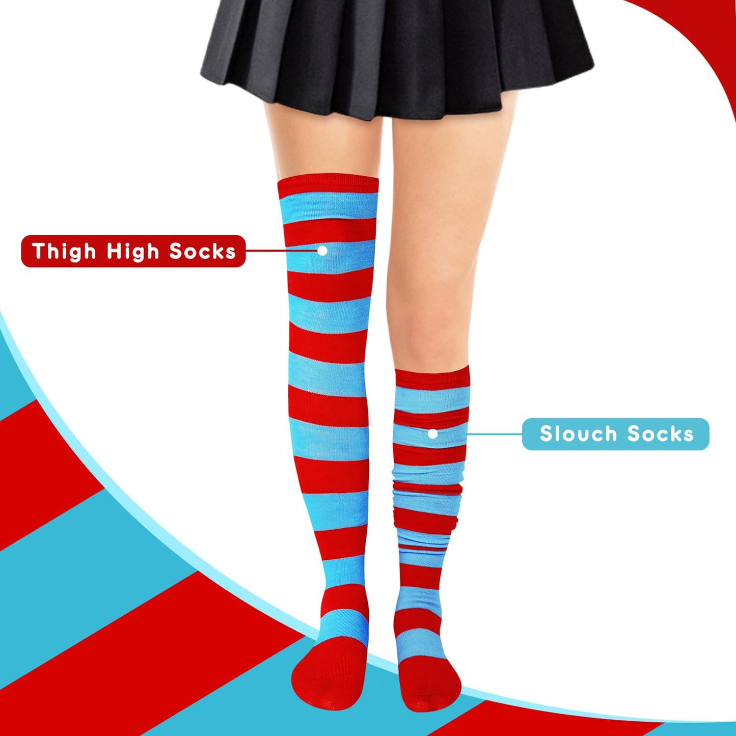 Junely Red and Blue Striped Thigh High Socks Over the Knee Stockings Extra Long Gifts Halloween Cosplay Costumes Accessories Gifts