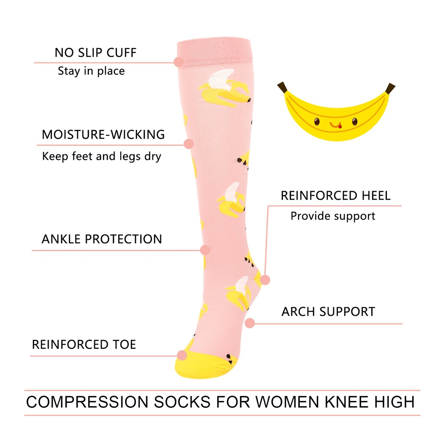 Junely Compression Socks for Women Knee High Banana Cherry Pear Stockings for Running Athletic Nurses Pregnant Women Work Support Travel Flight Sports Pink Blue Yellow