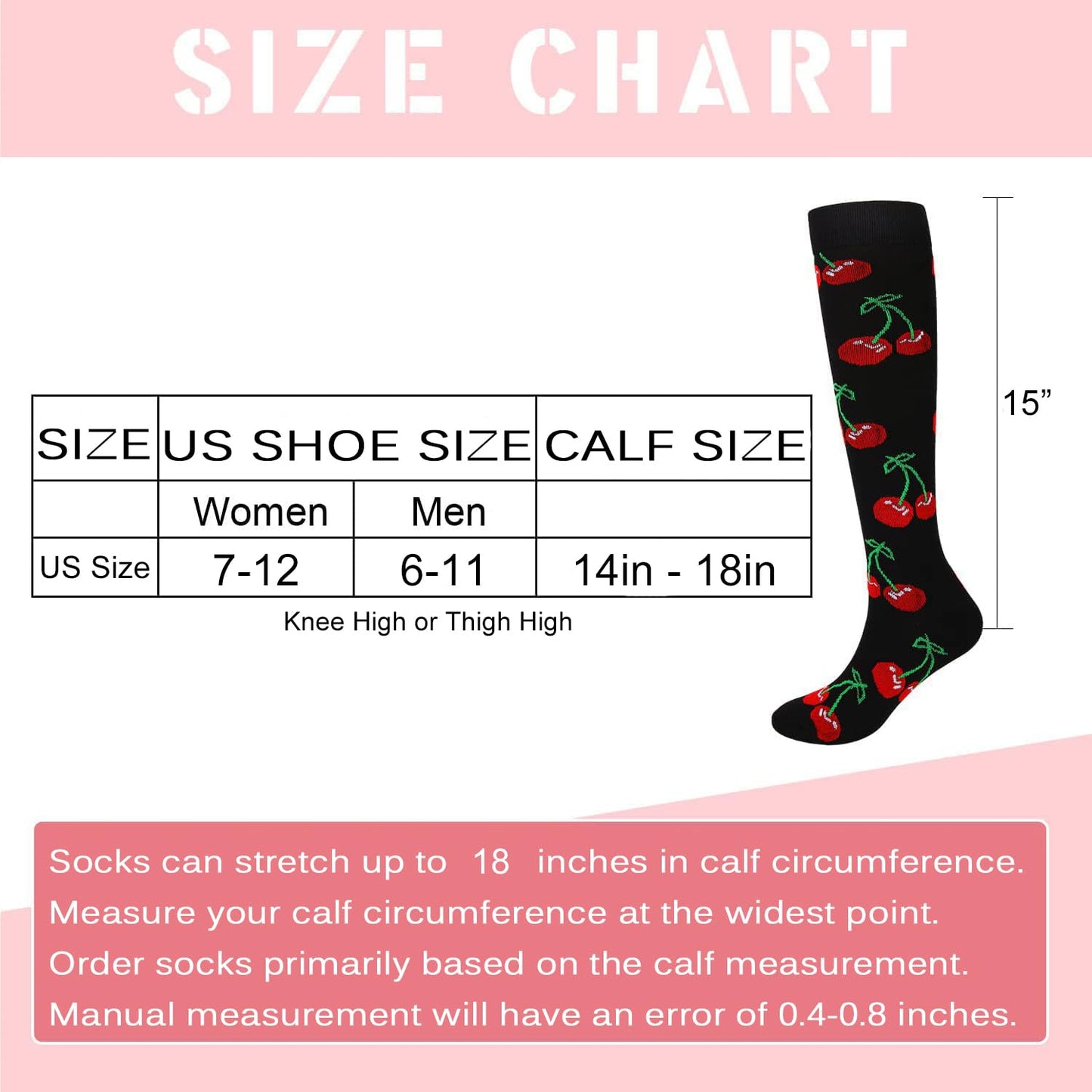 Junely Compression Socks for Women 20-30 mmhg Cherry Knee High Socks for Running Athletic Nurses Pregnant Women Work Support Travel Flight Sports Black