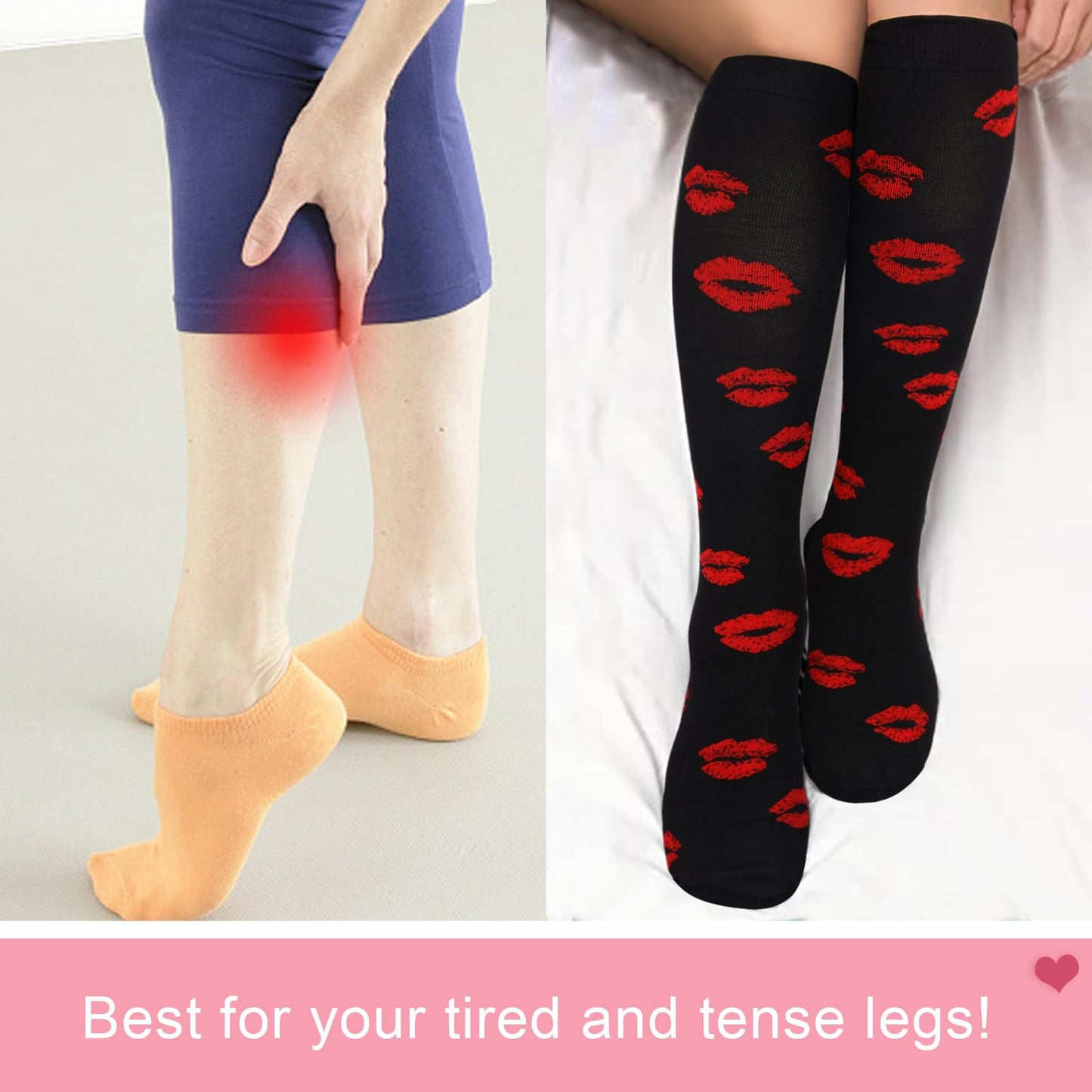 Junely Valentines Day Compression Socks for Women 20-30 mmhg Knee High Lip Socks for Valentine Running Athletic Nurses Pregnant Women Work Support Travel Flight Sports Black