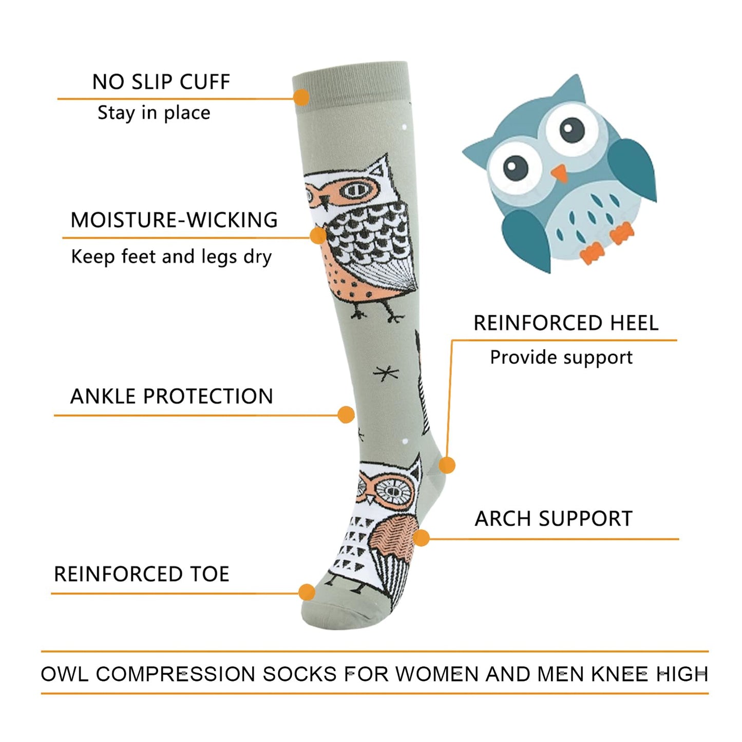 Junely Compression Socks for Women 20-30 mmhg Owl Knee High Stockings for Running Athletic Nurses Pregnant Women Work Support Travel Flight Sports Owl Gifts Grey