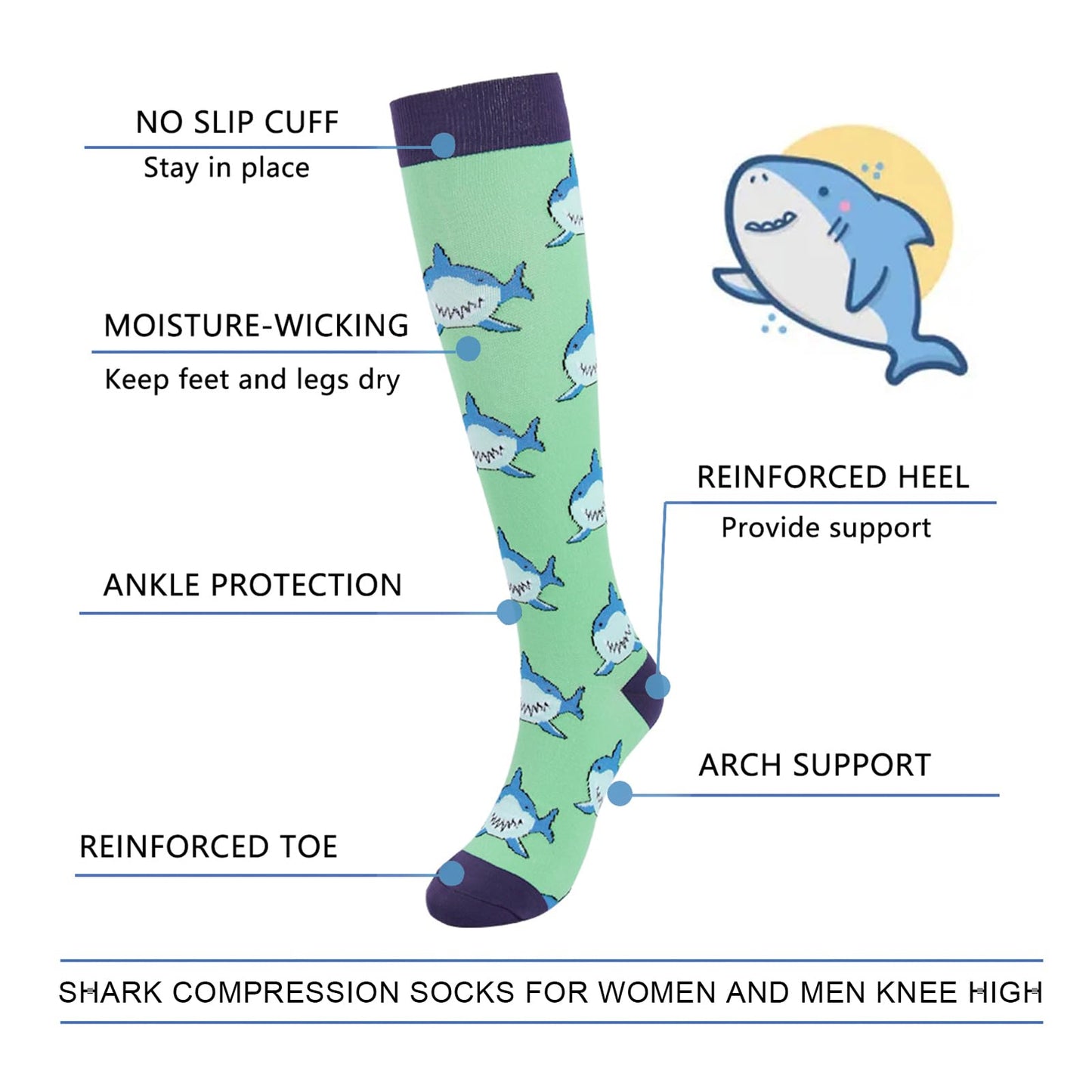 Junely Compression Socks for Women 20-30 mmhg Shark Knee High Stockings for Running Athletic Nurses Pregnant Women Work Support Travel Flight Sports Shark Gifts Green