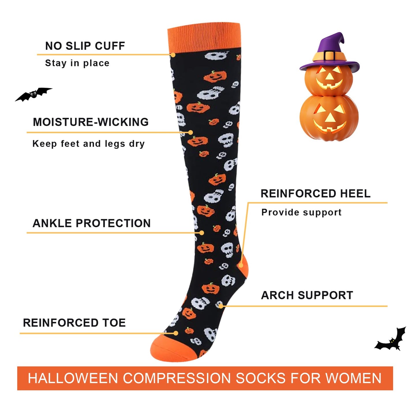 Junely Halloween Compression Socks for Women 20-30 mmhg Knee High Pumpkin Skeleton Socks for Running Athletic Nurses Pregnant Women Work Support Travel Flight Sports Gifts Orange Black