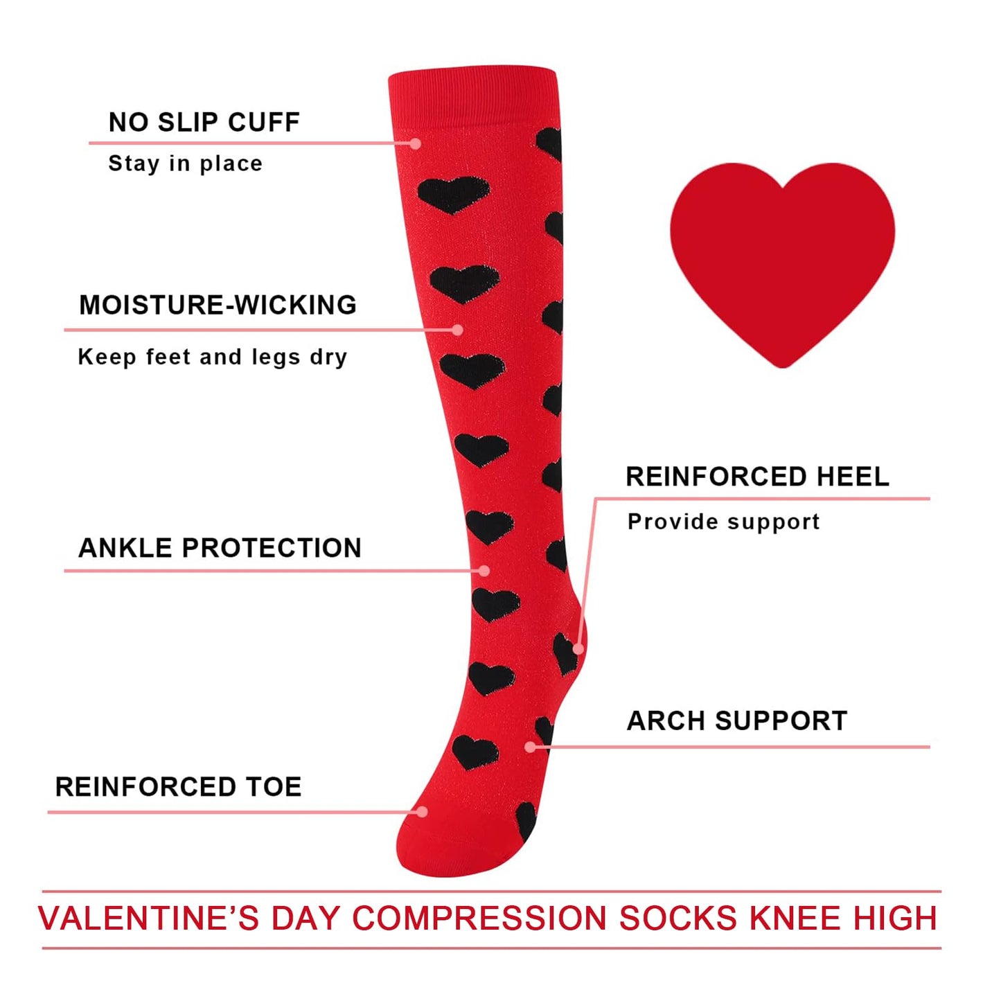 Junely Valentines Day Compression Socks for Women Knee High Heart Socks for Valentine Running Athletic Nurses Pregnant Women Work Support Travel Flight Sports Red White Black