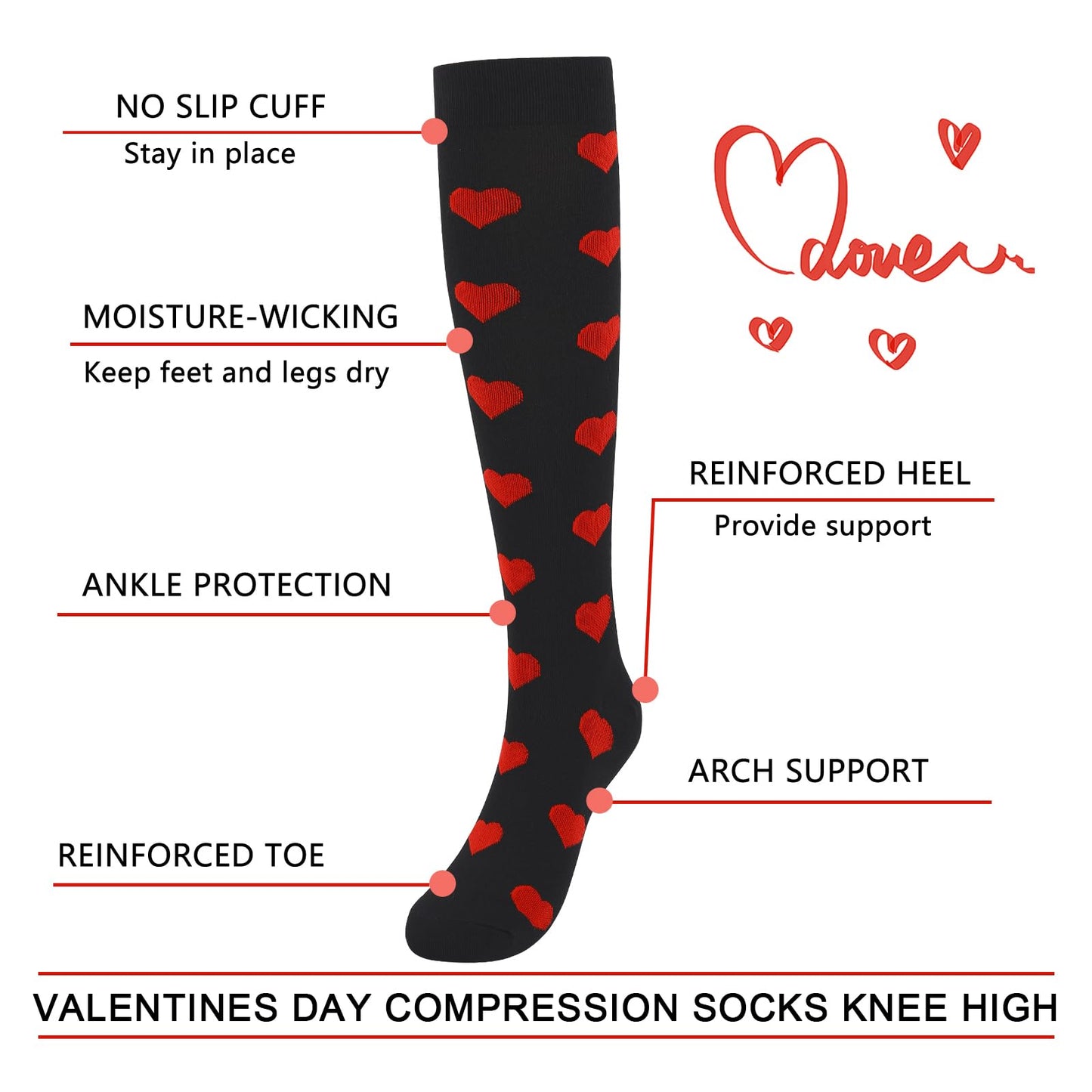 Junely Valentines Day Compression Socks for Women 20-30 mmhg Heart Knee High Socks for Valentine Running Athletic Nurses Pregnant Women Work Support Travel Flight Sports Black