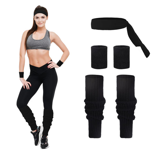 Junely 80s Accessories for Women Neon Leg Warmers Headband and Wristbands Set Knit Legwarmers for Ballet Dance Figure Skating Ice Skating Boot Black