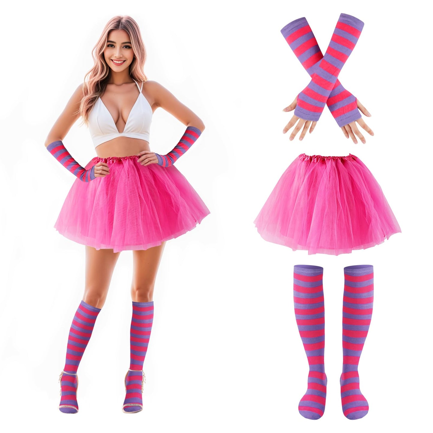 Junely Pink and Purple Striped Cat Costume Tutu for Women Adults Knee High Socks Fingerless Gloves Halloween Cosplay Costumes Accessories