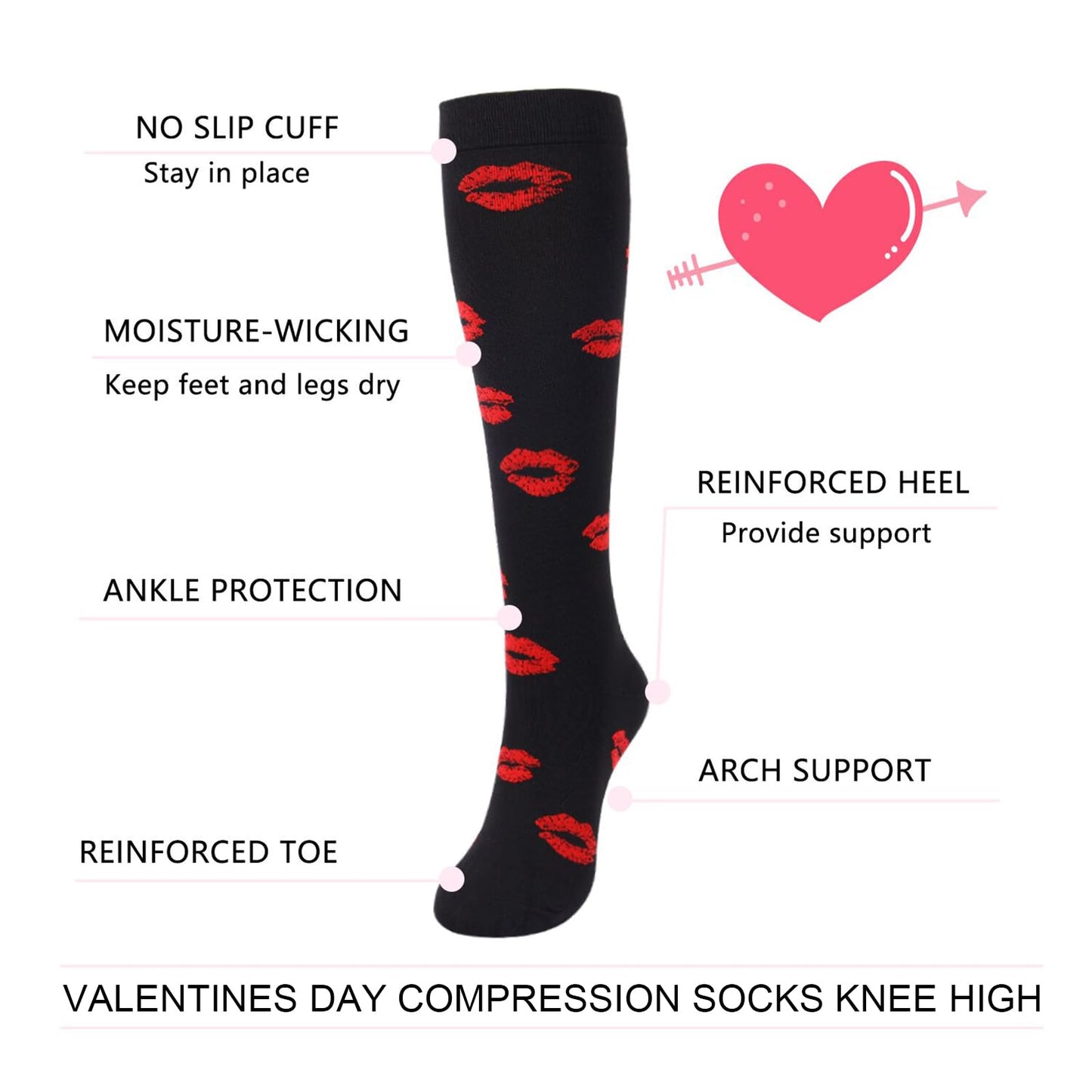 Junely Valentines Day Compression Socks for Women 20-30 mmhg Knee High Lip Socks for Valentine Running Athletic Nurses Pregnant Women Work Support Travel Flight Sports Black