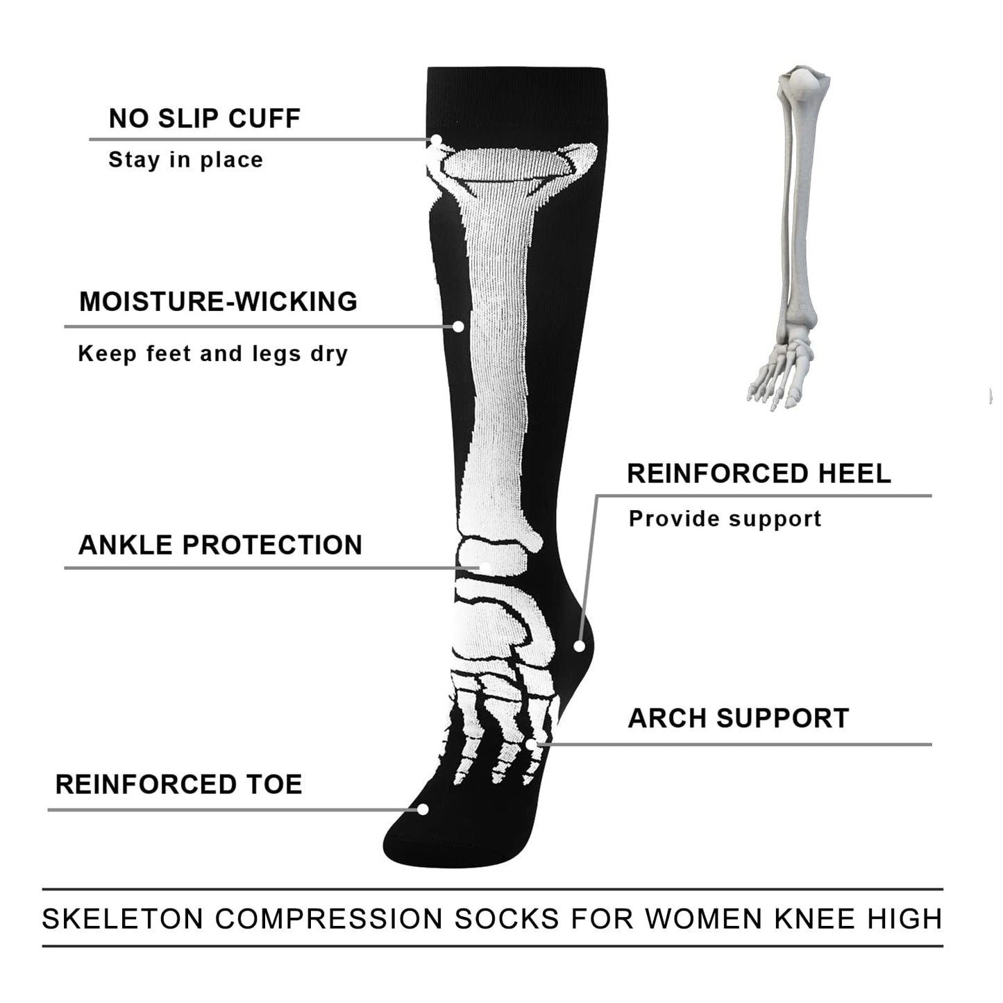 Junely Compression Socks for Women Skeleton Knee High Stockings for Halloween Gothic Running Athletic Nurses Pregnant Women Work Support Travel Flight Sports Gifts Black