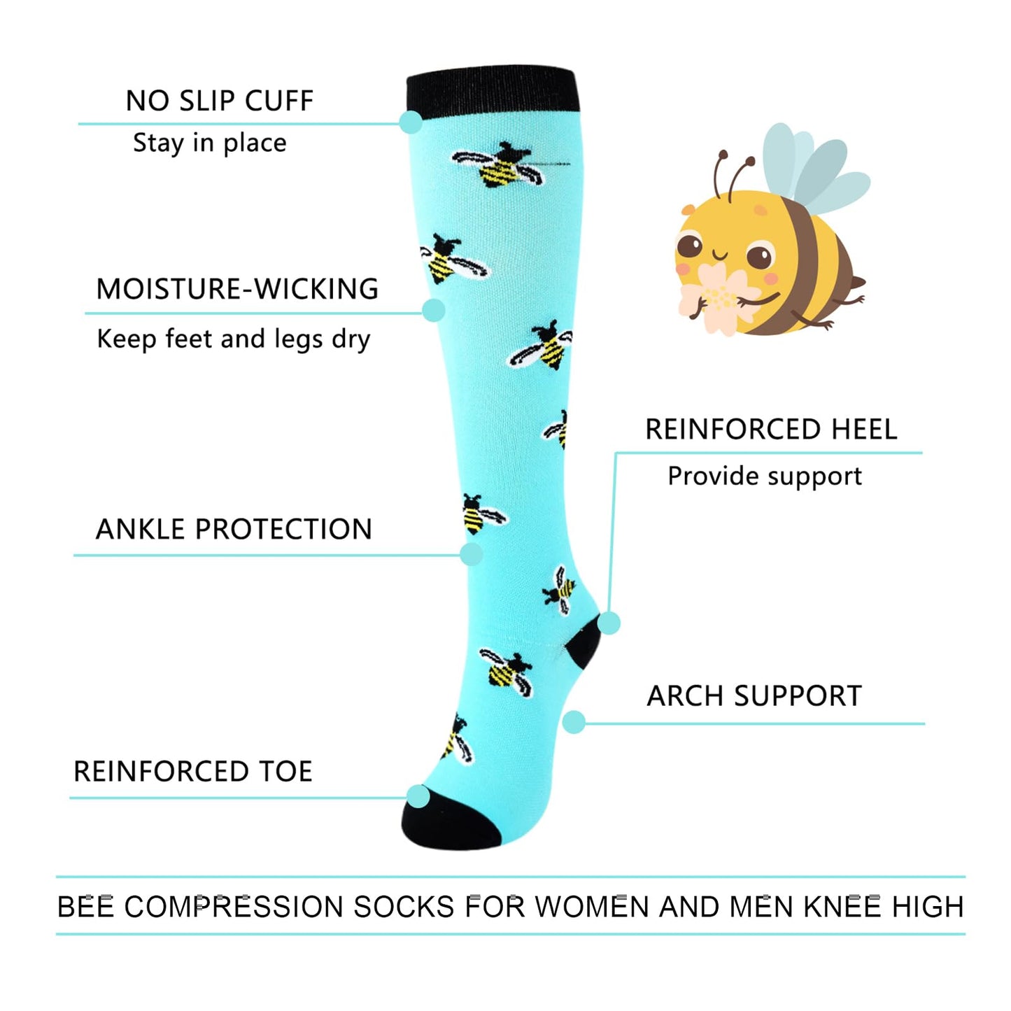 Junely Compression Socks for Women 20-30 mmhg Bee Knee High Stockings for Running Athletic Nurses Pregnant Women Work Support Travel Flight Sports Bee Gifts Blue