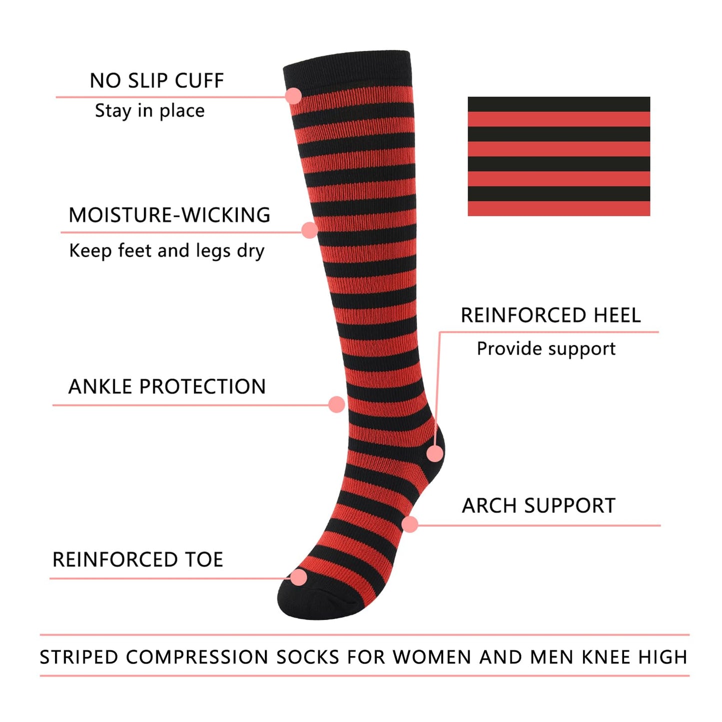 Junely Halloween Compression Socks for Women Striped Knee High Stockings for Running Athletic Nurses Pregnant Women Work Support Travel Flight Sports Gifts Red Black
