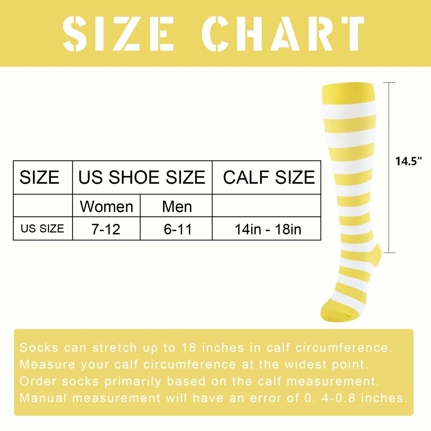 Junely Compression Socks for Women Striped Knee High Stockings for Halloween Running Athletic Nurses Pregnant Women Work Support Travel Flight Sports Gifts Yellow and White
