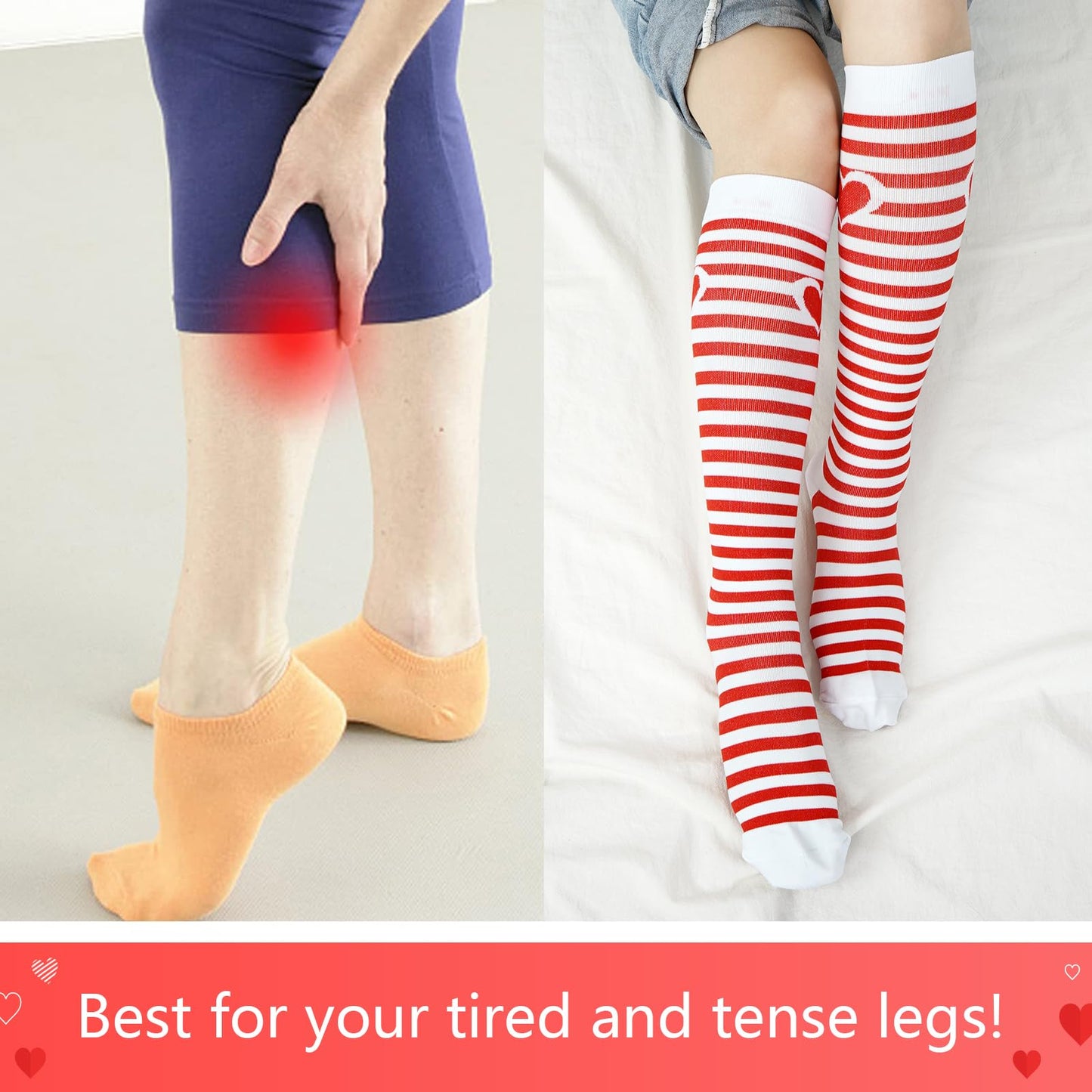 Junely Compression Socks for Women Heart Striped Knee High Stockings for Valentines Day Running Athletic Nurses Pregnant Women Work Support Travel Flight Sports Gifts Red White
