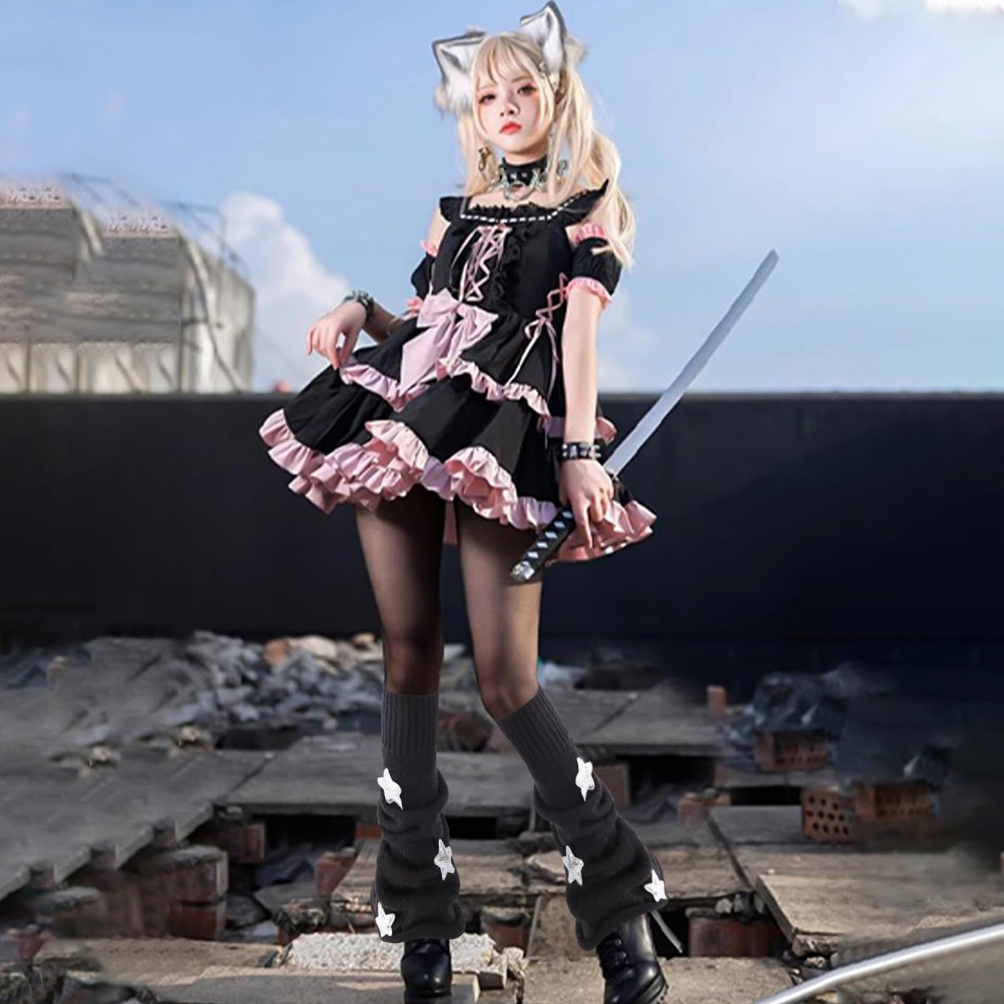 Junely Leg Warmers Kawaii Leg Warmer Cute Legwarmers with Sequin Star Japanese Socks Halloween Emo Lolita Gyaru Harajuku Accessories Black