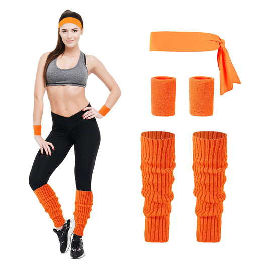 Junely 80s Accessories for Women Neon Leg Warmers Headband and Wristbands Set Knit Legwarmers for Ballet Dance Figure Skating Ice Skating Boot Orange