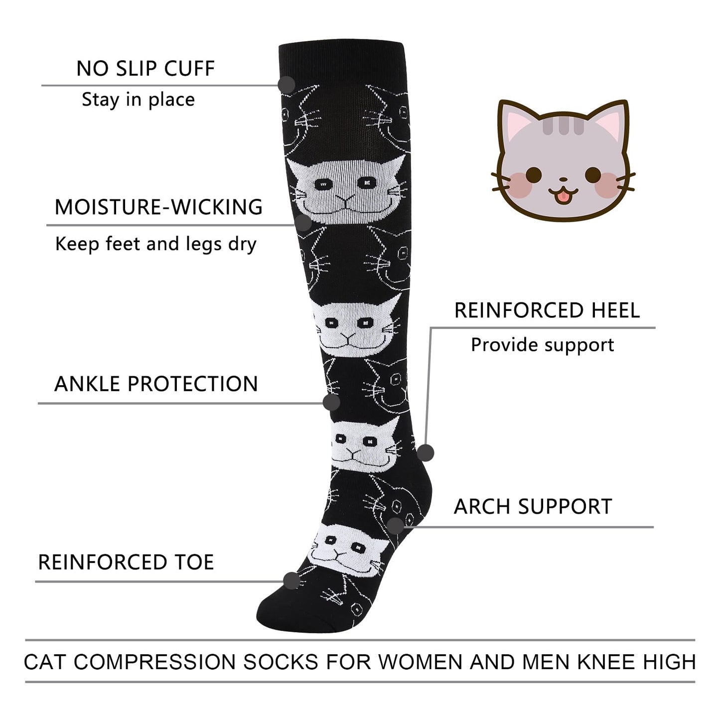 Junely Compression Socks for Women 20-30 mmhg Cat Knee High Stockings for Running Athletic Nurses Pregnant Women Work Support Travel Flight Sports Cat Gifts Black