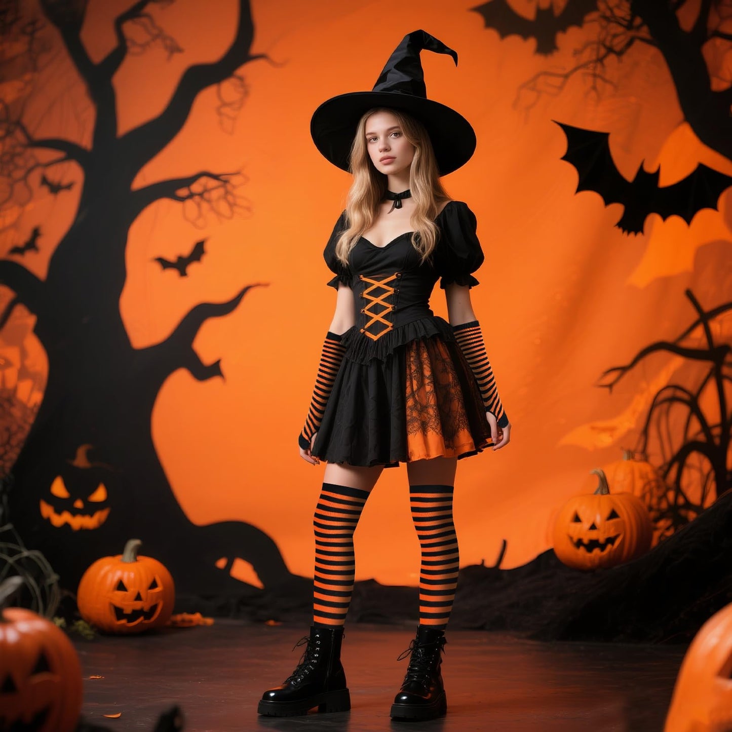 Junely Striped Thigh High Socks Over the Knee Stockings Extra Long Halloween Cosplay Costume Accessories Gifts Orange and Black