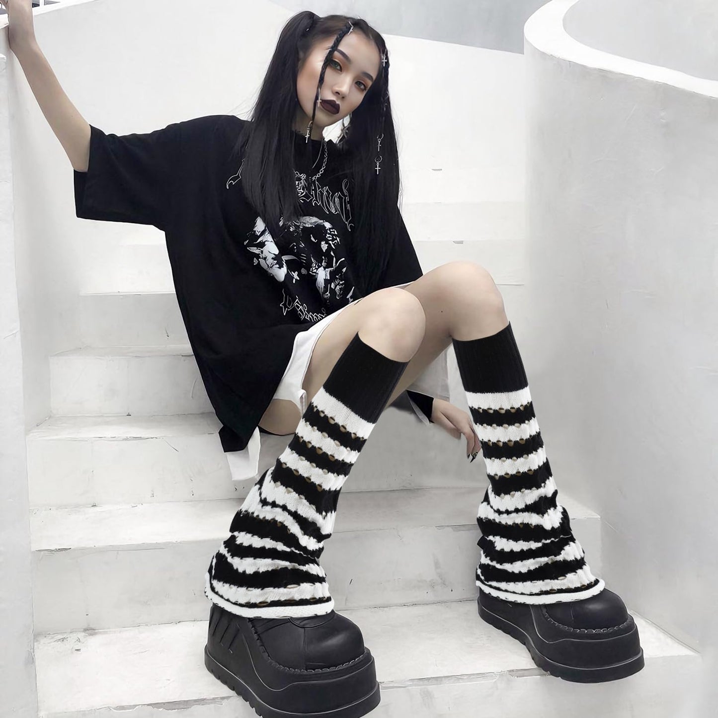 Junely Leg Warmers for Women Kawaii Leg Warmer Cute Legwarmers Cutecore Lolita Harajuku Gyaru Japanese Accessories Black White Striped