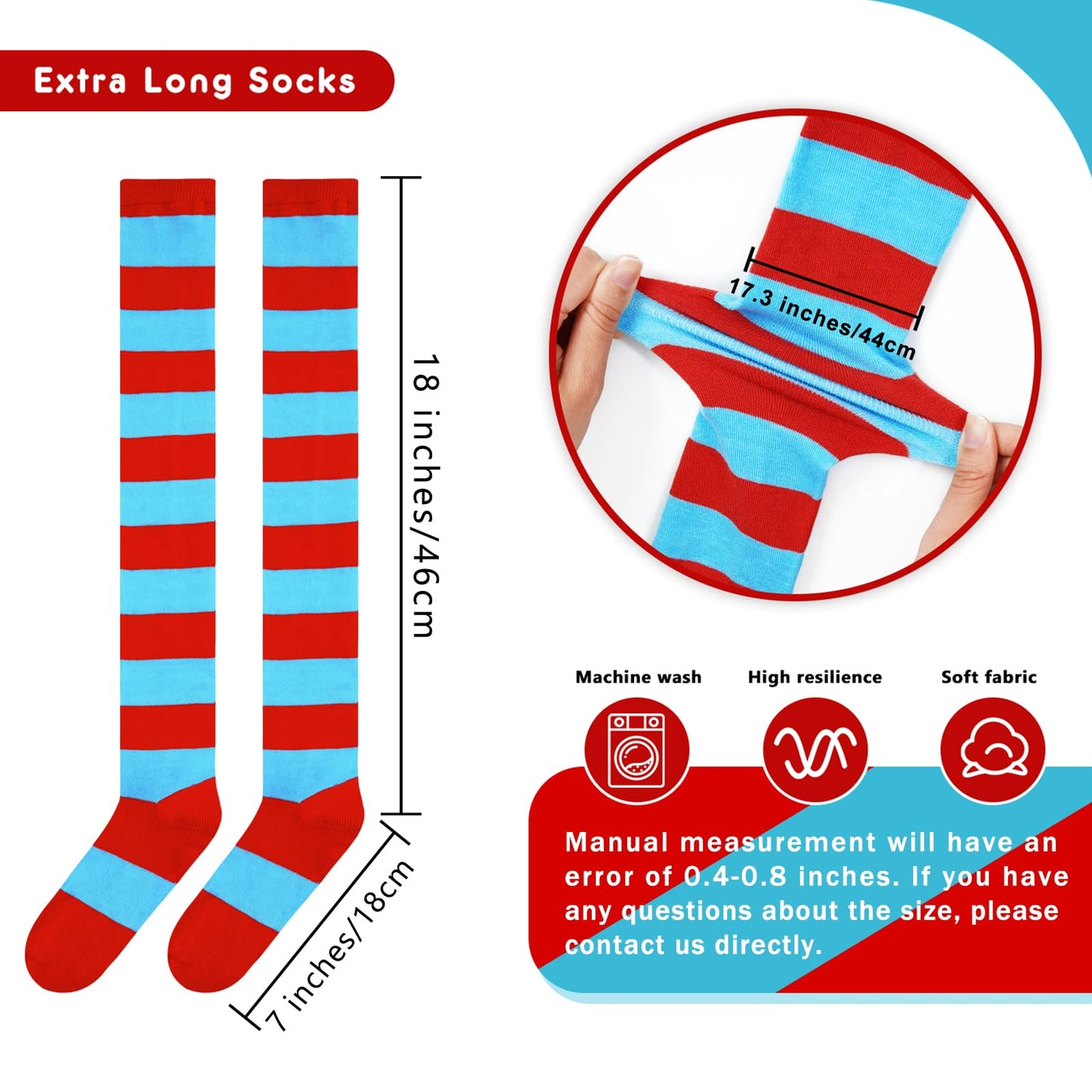 Junely Red and Blue Striped Thigh High Socks Over the Knee Stockings Extra Long Gifts Halloween Cosplay Costumes Accessories Gifts