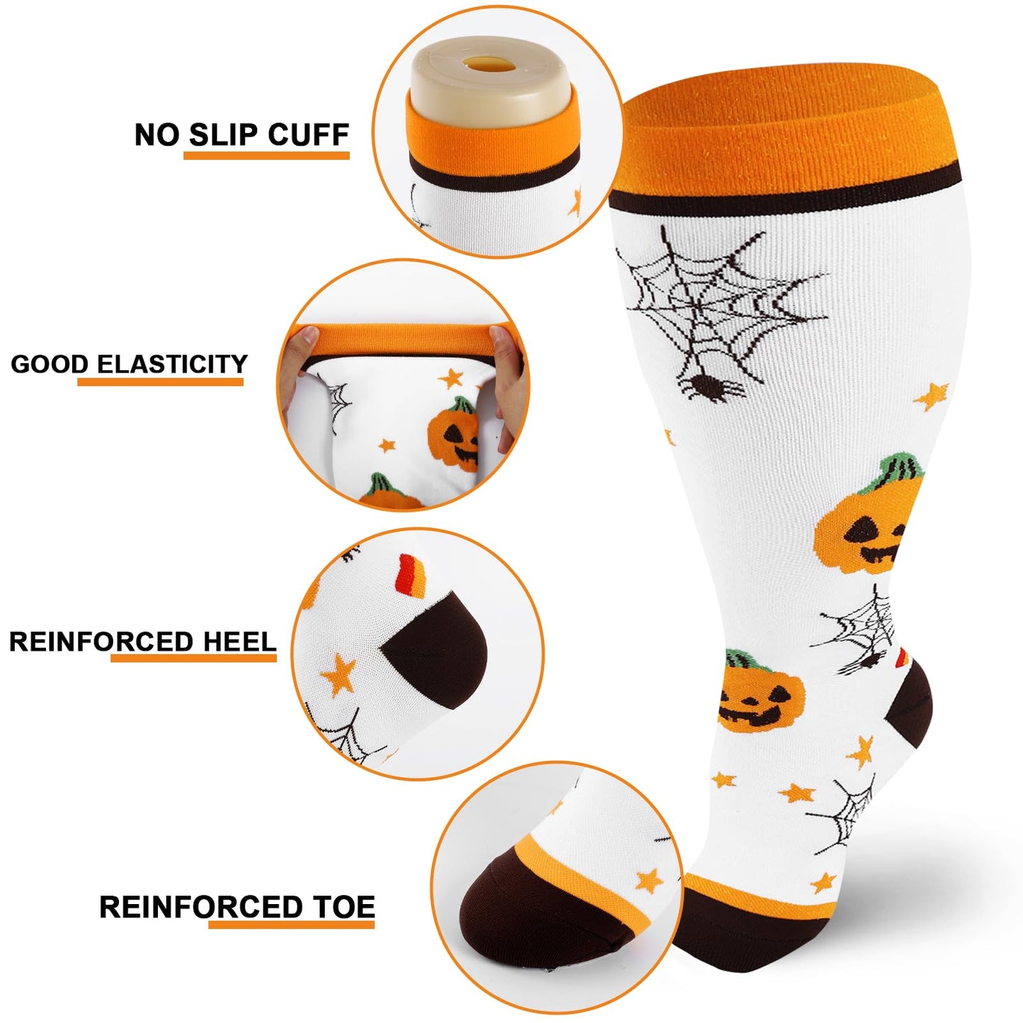 Junely Compression Socks for Women Wide Calf Knee High Halloween Stockings for Running Athletic Nurses Pregnant Women Work Support Travel Flight Sports Gifts Orange