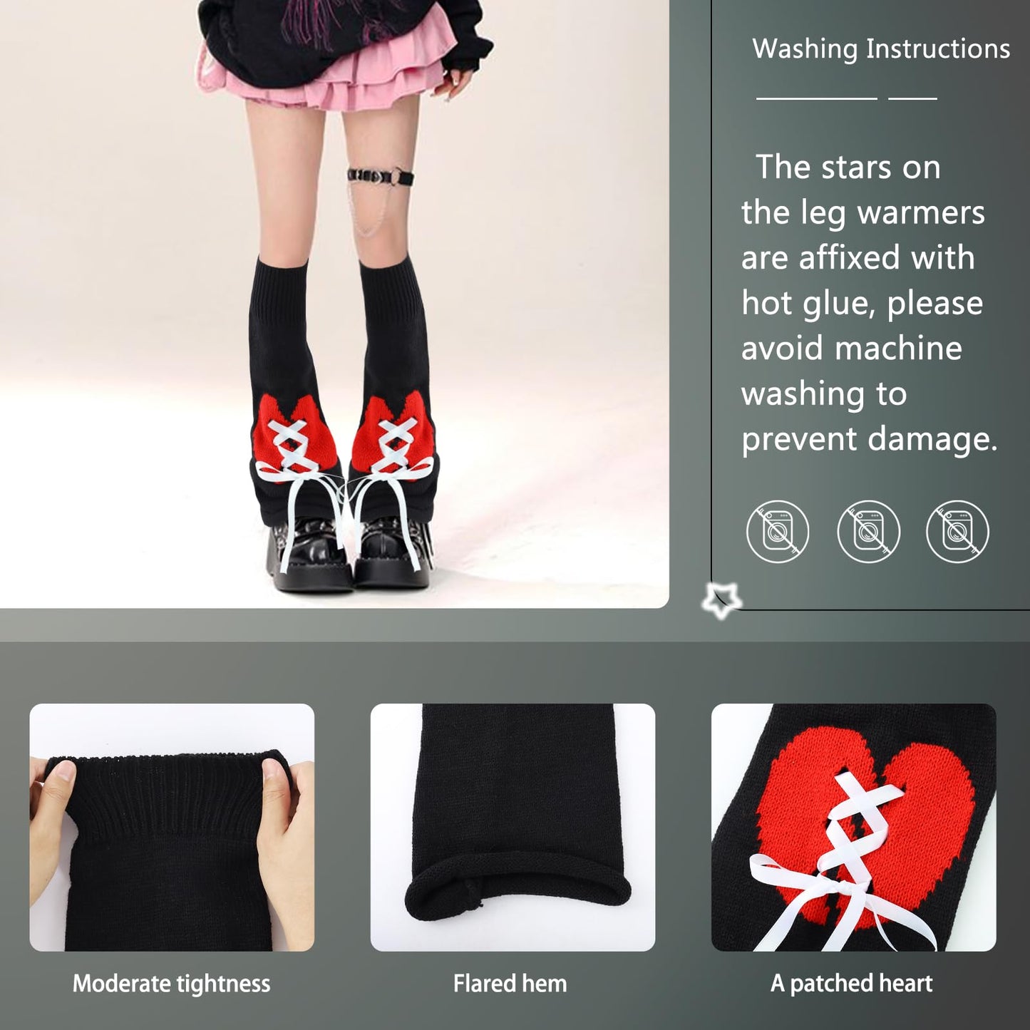 Junely Leg Warmers Kawaii Leg Warmer Cute Legwarmers with Broken Heart Japanese Socks Halloween Emo Lolita Gyaru Harajuku Accessories Black