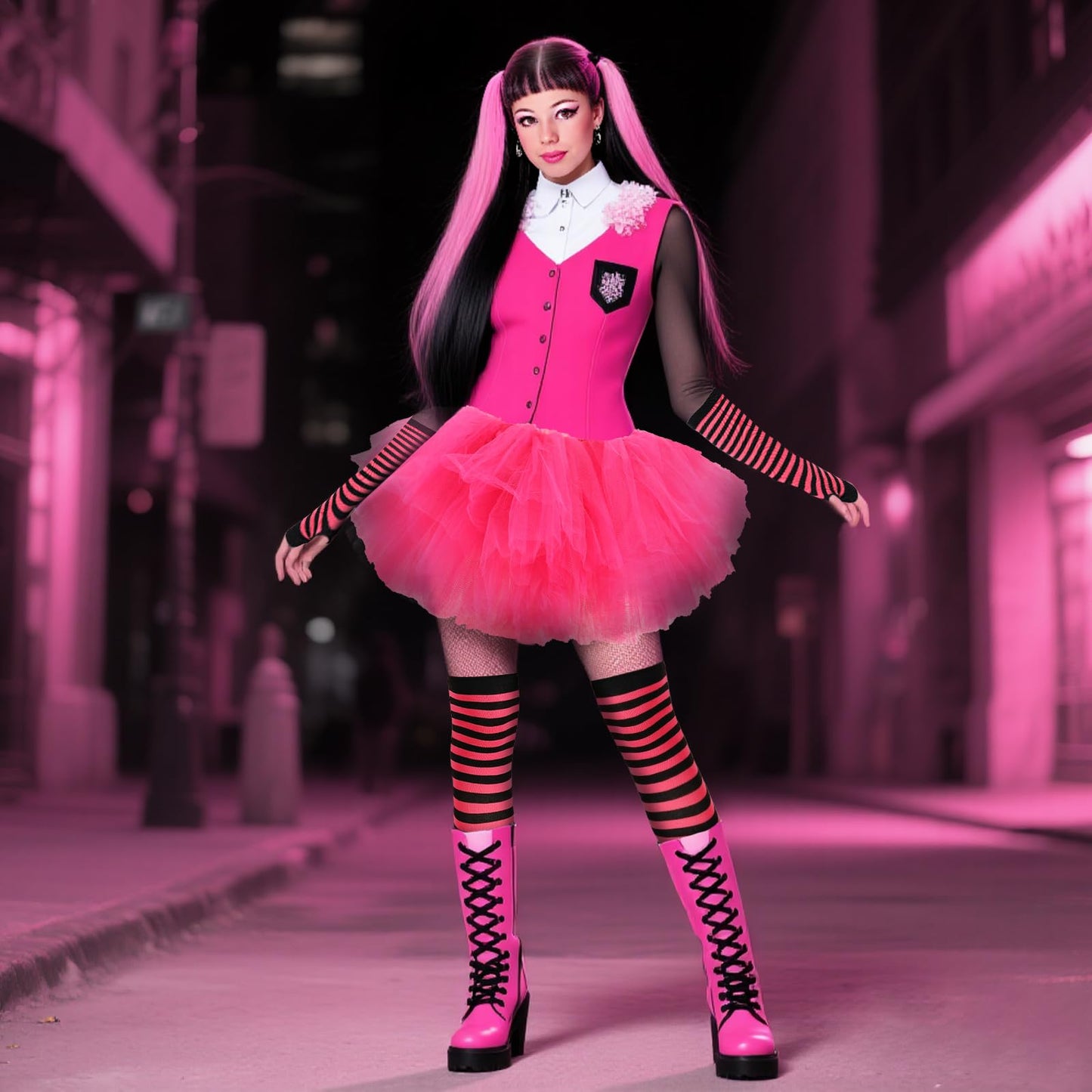 Junely Tutu for Women Adults Striped Thigh High Socks Fingerless Gloves Halloween Costumes Accessories Pink Black