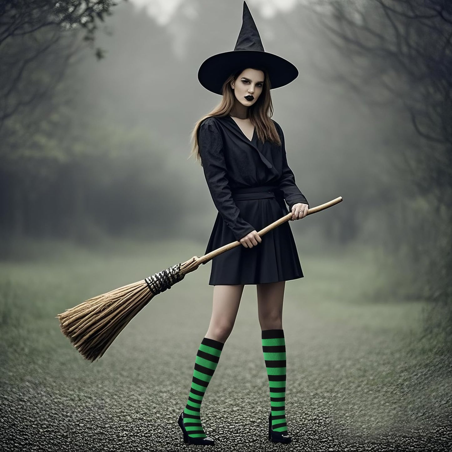 Junely Compression Socks for Women Striped Knee High Stockings for Halloween Running Athletic Nurses Pregnant Women Work Support Travel Flight Sports Gifts Green and Black