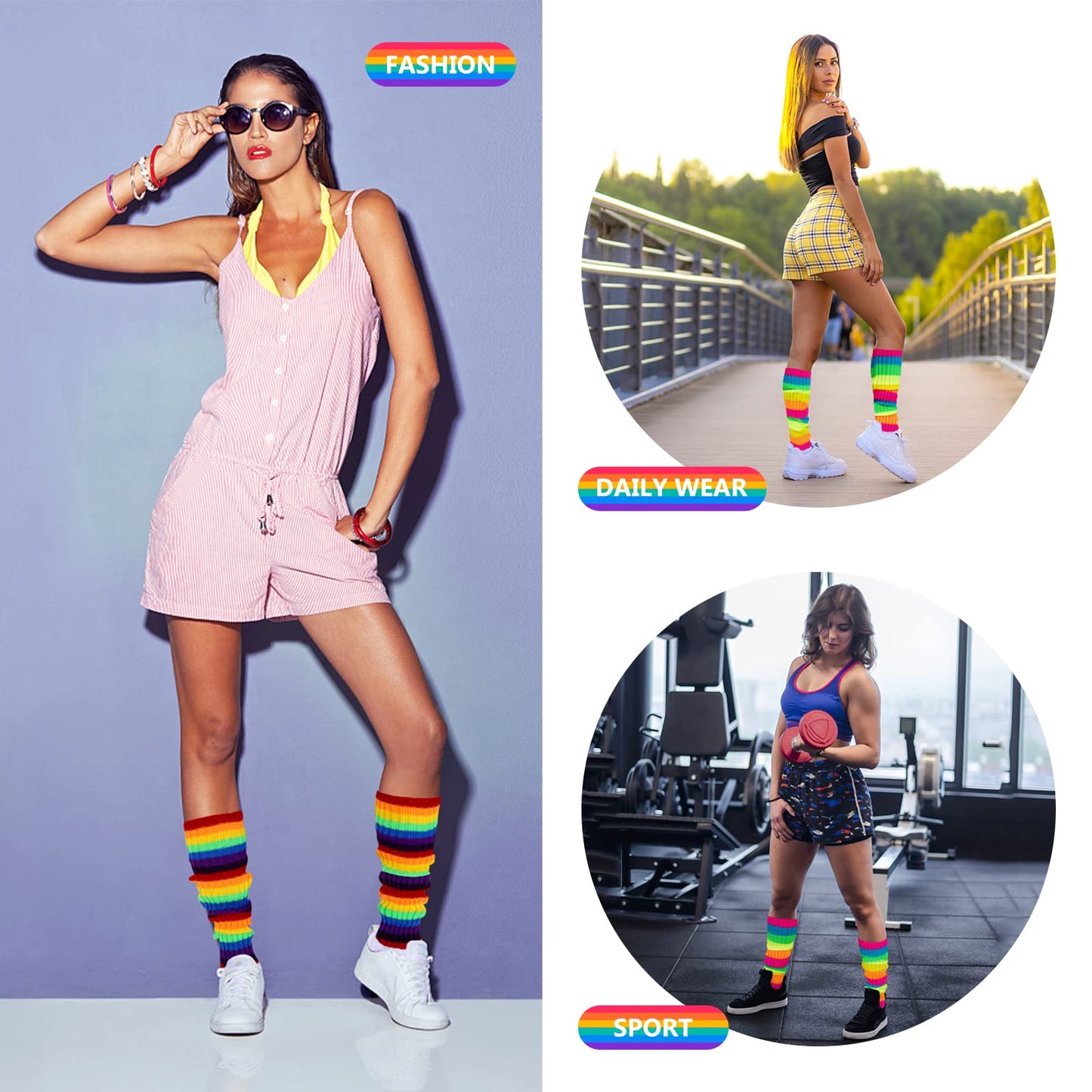 Junely Leg Warmers 80s Leg Warmer Knit Legwarmers Neon for Ballet Dance Figure Skating Ice Skating Boot Rainbow