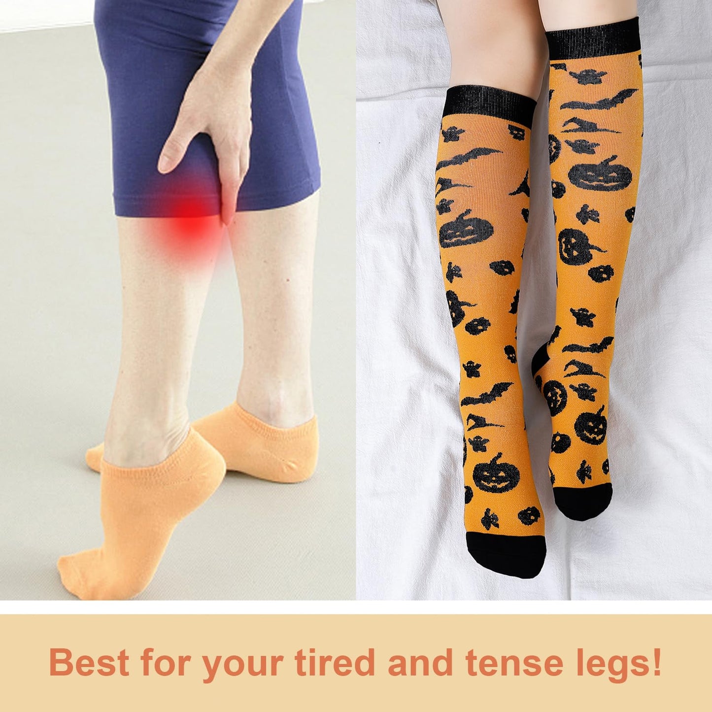 Junely Halloween Compression Socks for Women Witch Knee High Stockings for Running Athletic Nurses Pregnant Women Work Support Travel Flight Sports Gifts Orange