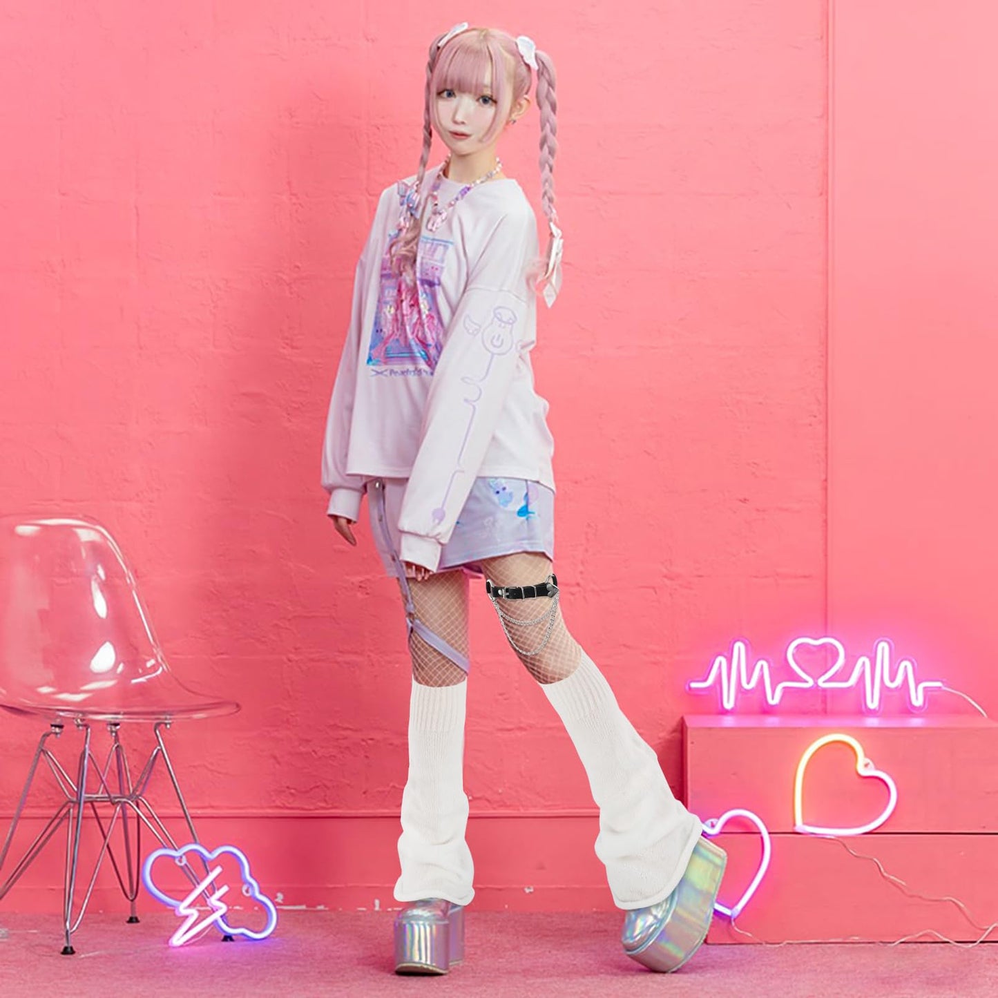 Junely Leg Warmers Kawaii Leg Warmer Cute Legwarmers with Garter Belt Adjustable Japanese Socks Halloween Emo Lolita Gyaru Harajuku Accessories White