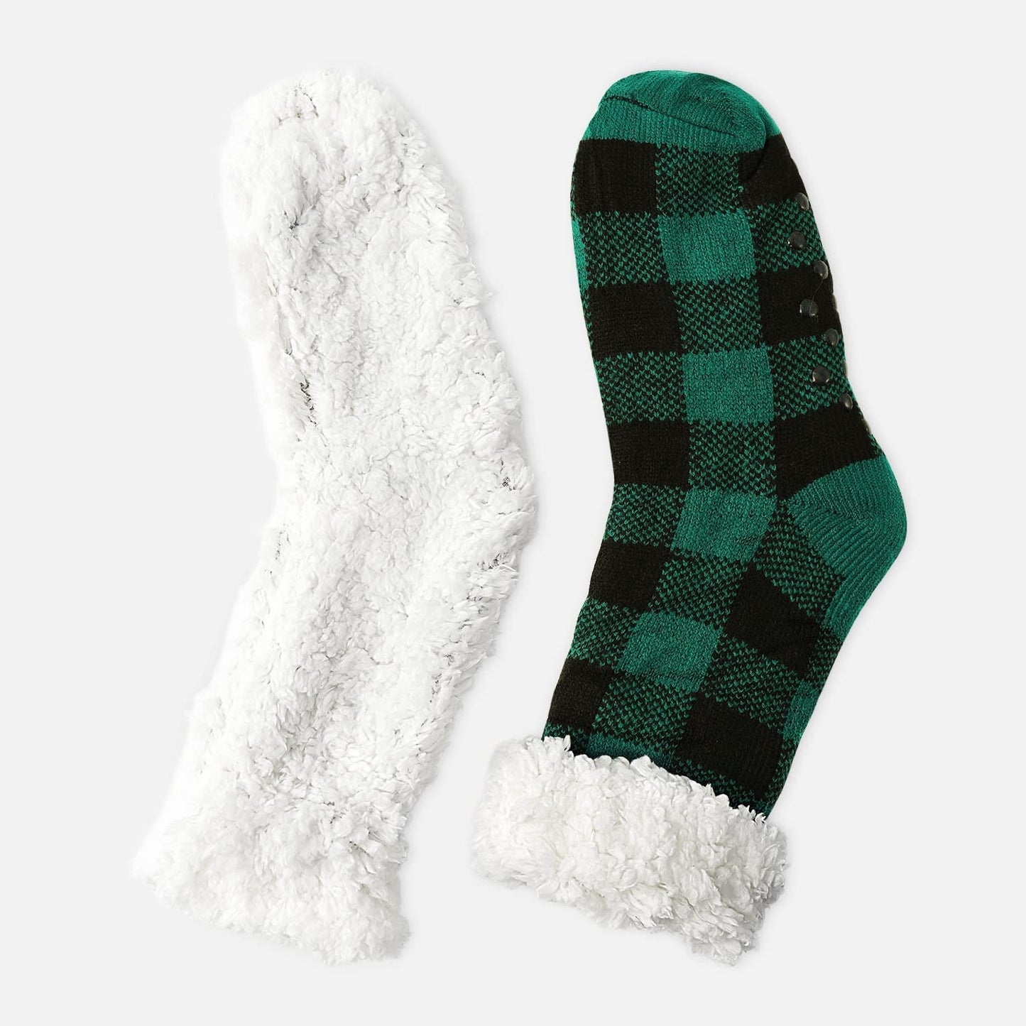 Junely Christmas Slipper Socks with Grippers for Women Non Slip Fuzzy Fluffy Cozy Warm Soft Comfy Thick Fleece Cabin Socks Green Buffalo Plaid