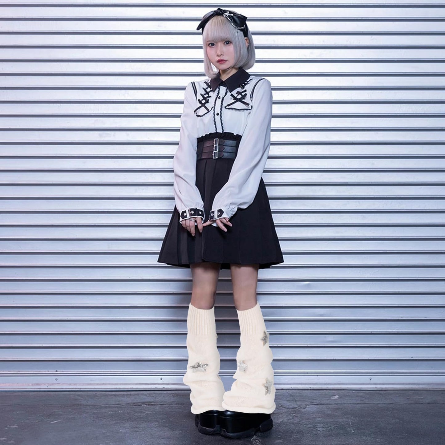 Junely Leg Warmers Kawaii Leg Warmer Cute Legwarmers with Sequin Star Japanese Socks Halloween Emo Lolita Gyaru Harajuku Accessories White