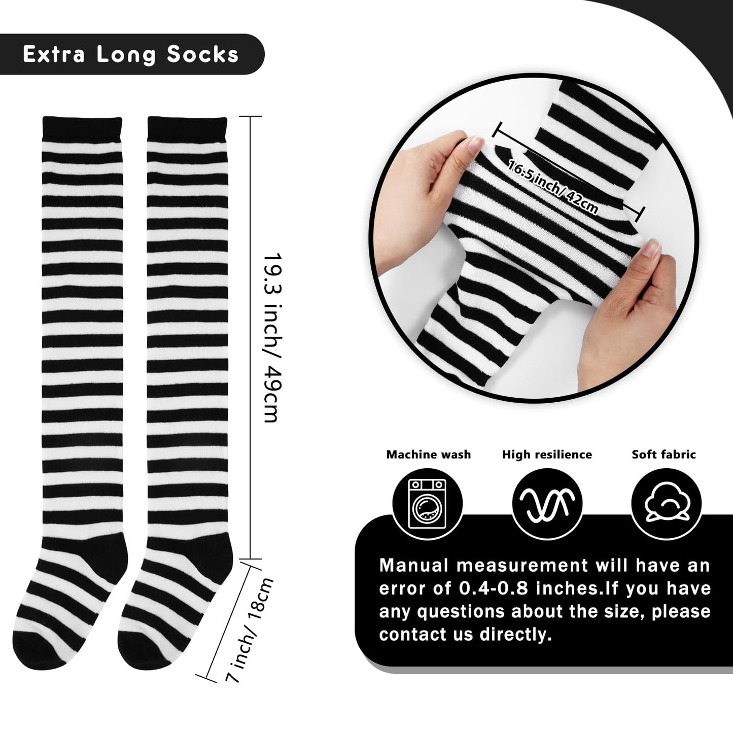 Junely Thigh High Socks and Gloves Black and White Striped Fingerless Gloves and Stockings Set Over the Knee Extra Long Christmas Cosplay Costume Accessories