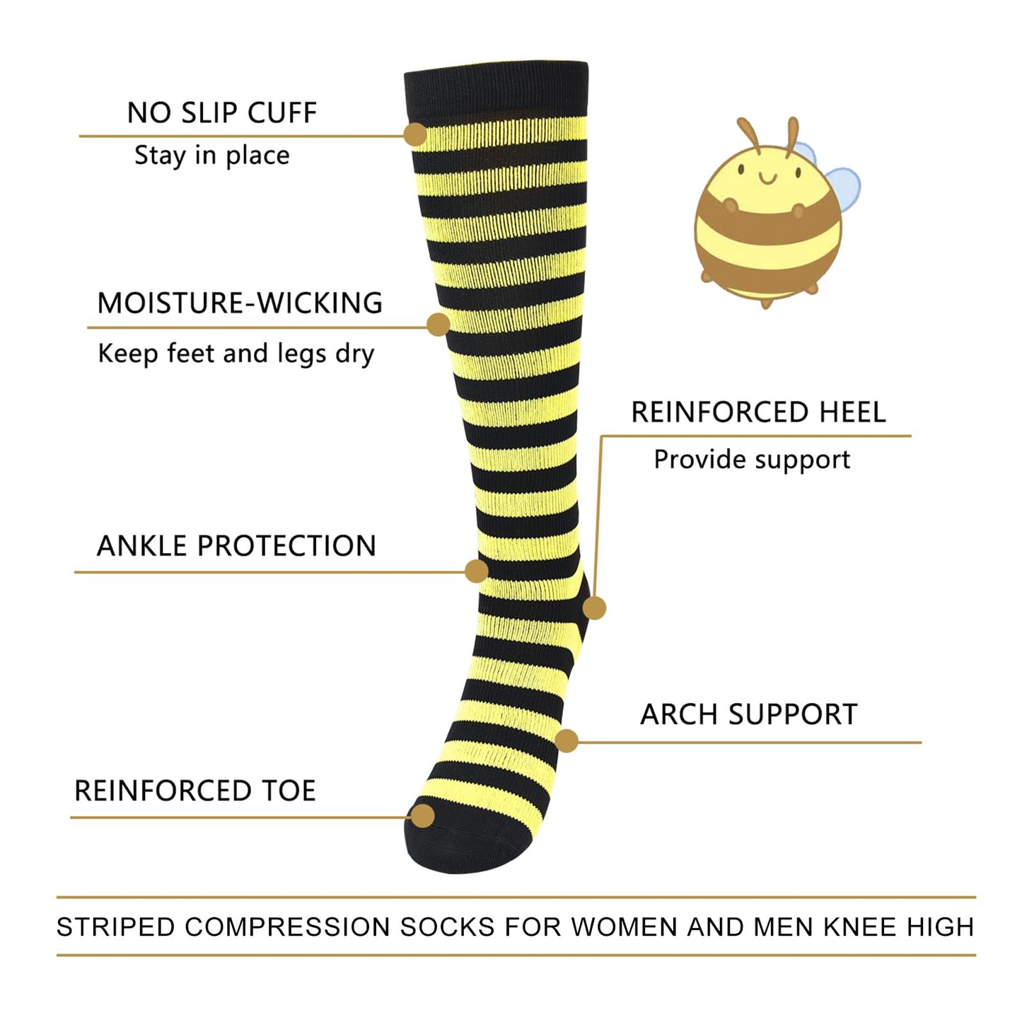 Junely Compression Socks for Women Bee Knee High Stockings for Halloween Running Athletic Nurses Pregnant Women Work Support Travel Flight Sports Gifts Black Yellow