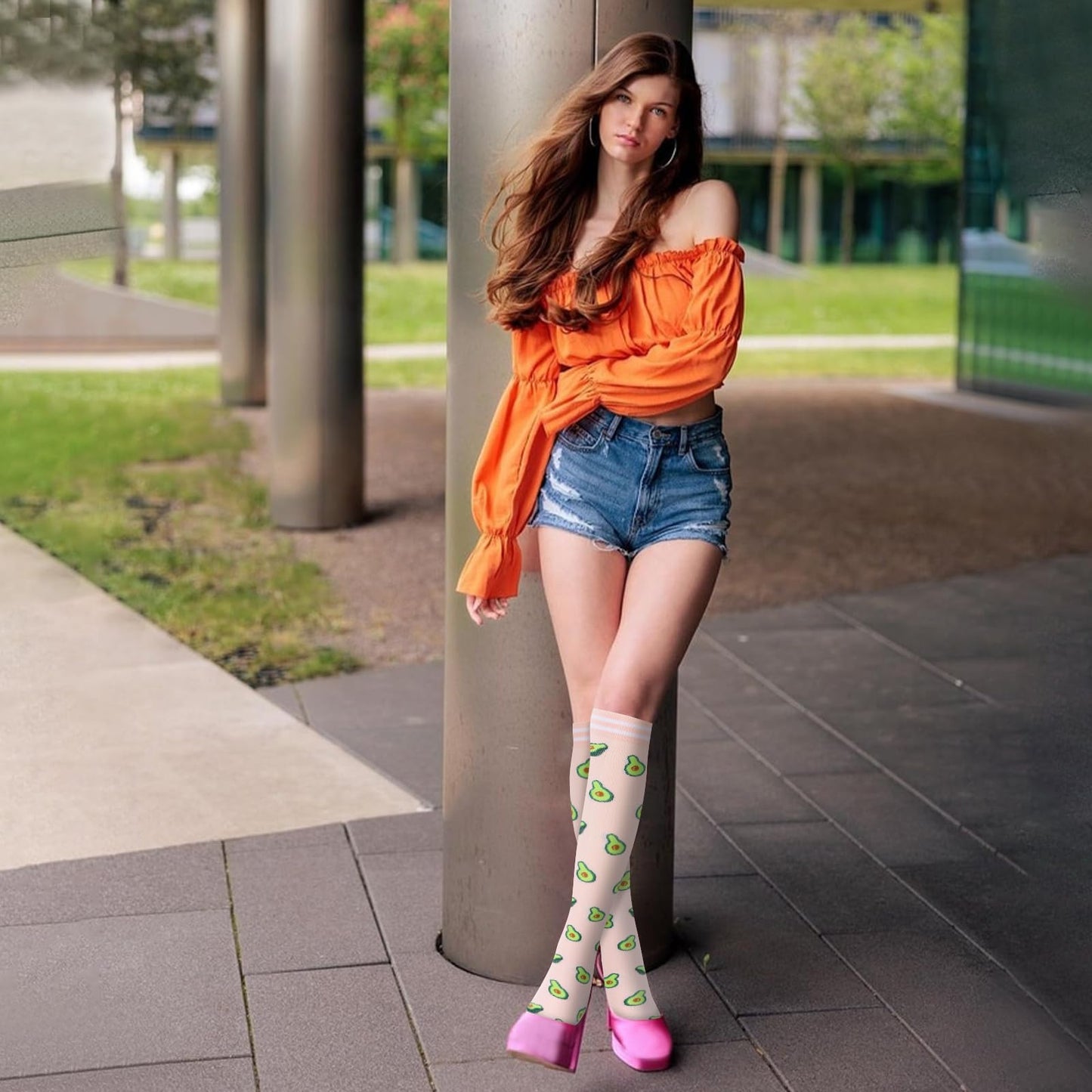 Junely Compression Socks for Women Banana Avocado Watermelon Knee High Socks for Running Athletic Nurses Pregnant Women Work Support Travel Flight Sports Fruit Themed Gifts Pink Blue Green