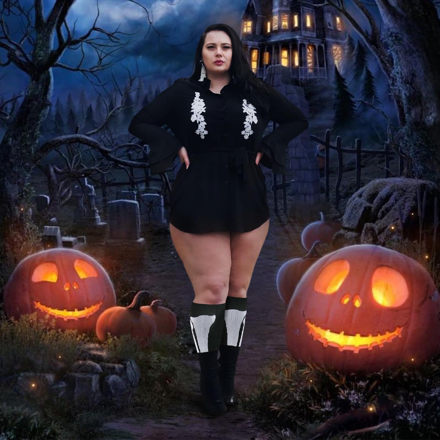 Junely Compression Socks for Women Wide Calf Knee High Skeleton Stockings for Halloween Running Athletic Nurses Pregnant Women Work Support Travel Flight Sports Gifts Black
