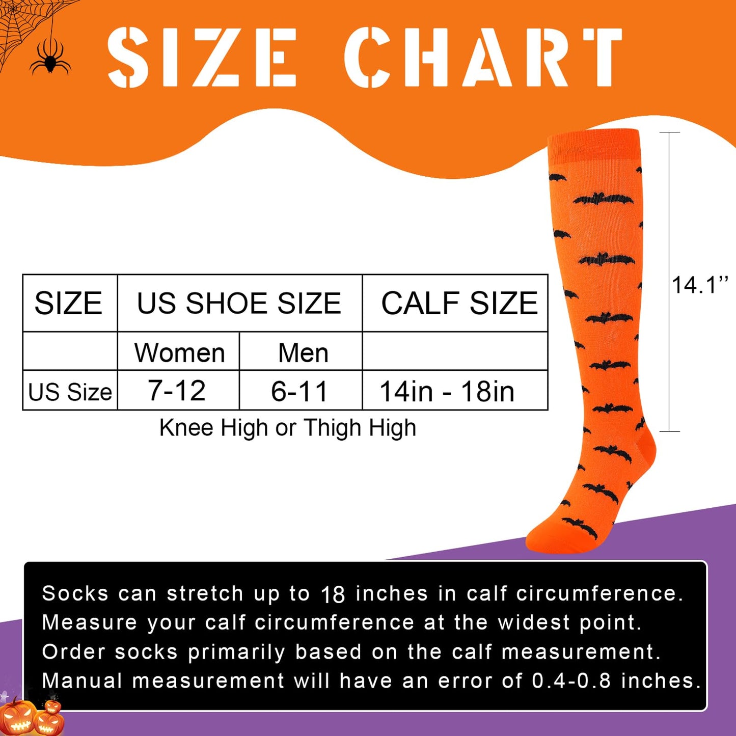 Junely Halloween Compression Socks for Women Knee High Pumpkin Bat Socks for Running Athletic Nurses Pregnant Women Work Support Travel Flight Sports Gifts Orange Purple Black