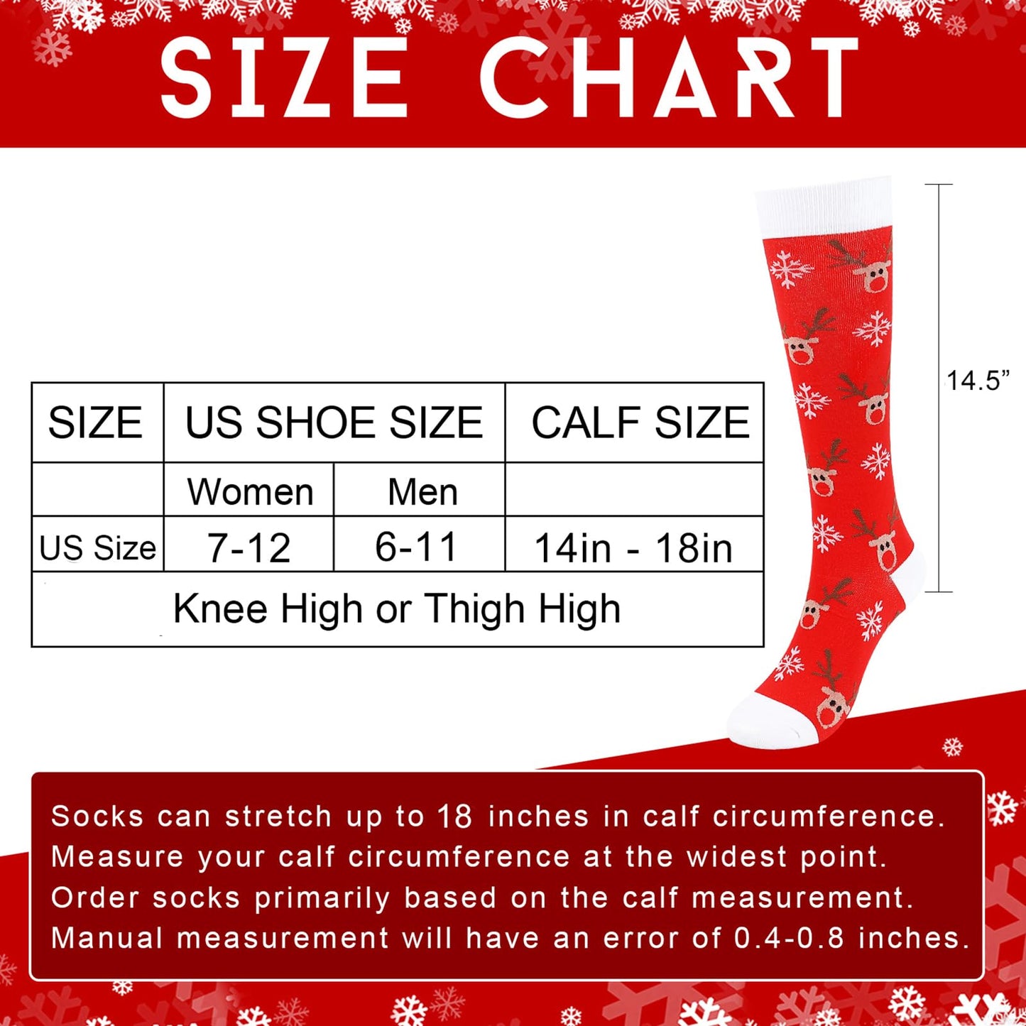 Junely Christmas Compression Socks for Women Knee High Reindeer Snowflake Socks for Running Athletic Nurses Pregnant Women Work Support Travel Flight Sports Gifts Red