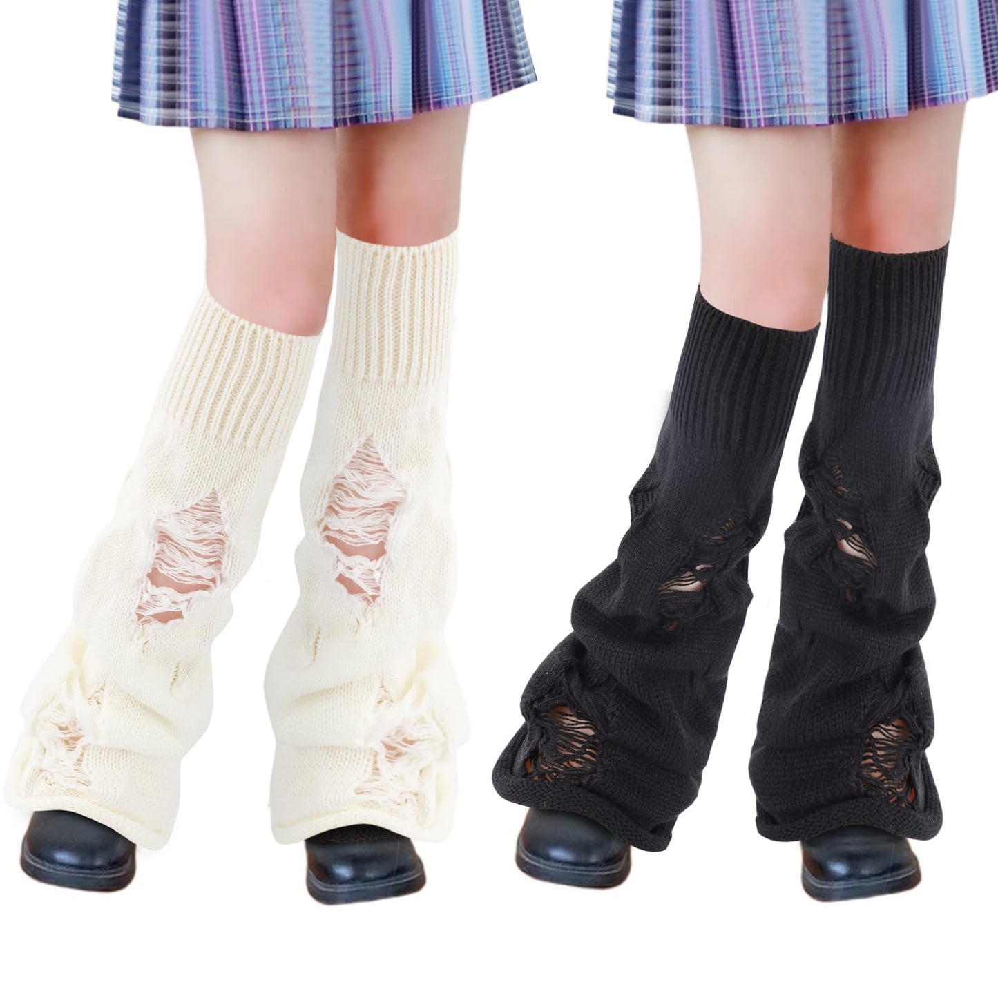 Junely Leg Warmers for Women Ripped Kawaii Leg Warmer Cute Legwarmers Japanese Socks Halloween Goth Emo Lolita Gyaru Gothic Harajuku Accessories Black White