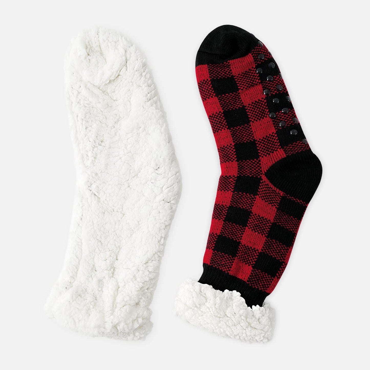 Junely Christmas Slipper Socks with Grippers for Women Non Slip Fuzzy Fluffy Cozy Warm Soft Comfy Thick Fleece Cabin Socks Red Buffalo Plaid