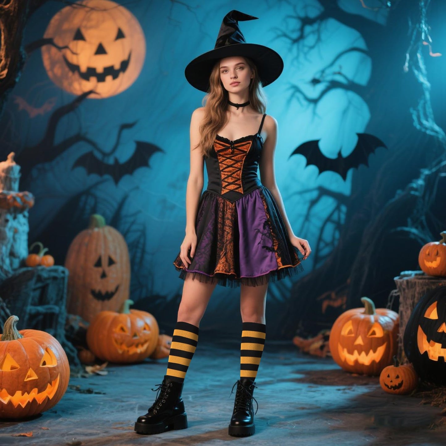 Junely Compression Socks for Women Striped Knee High Stockings for Halloween Running Athletic Nurses Pregnant Women Work Support Travel Flight Sports Gifts Orange and Black