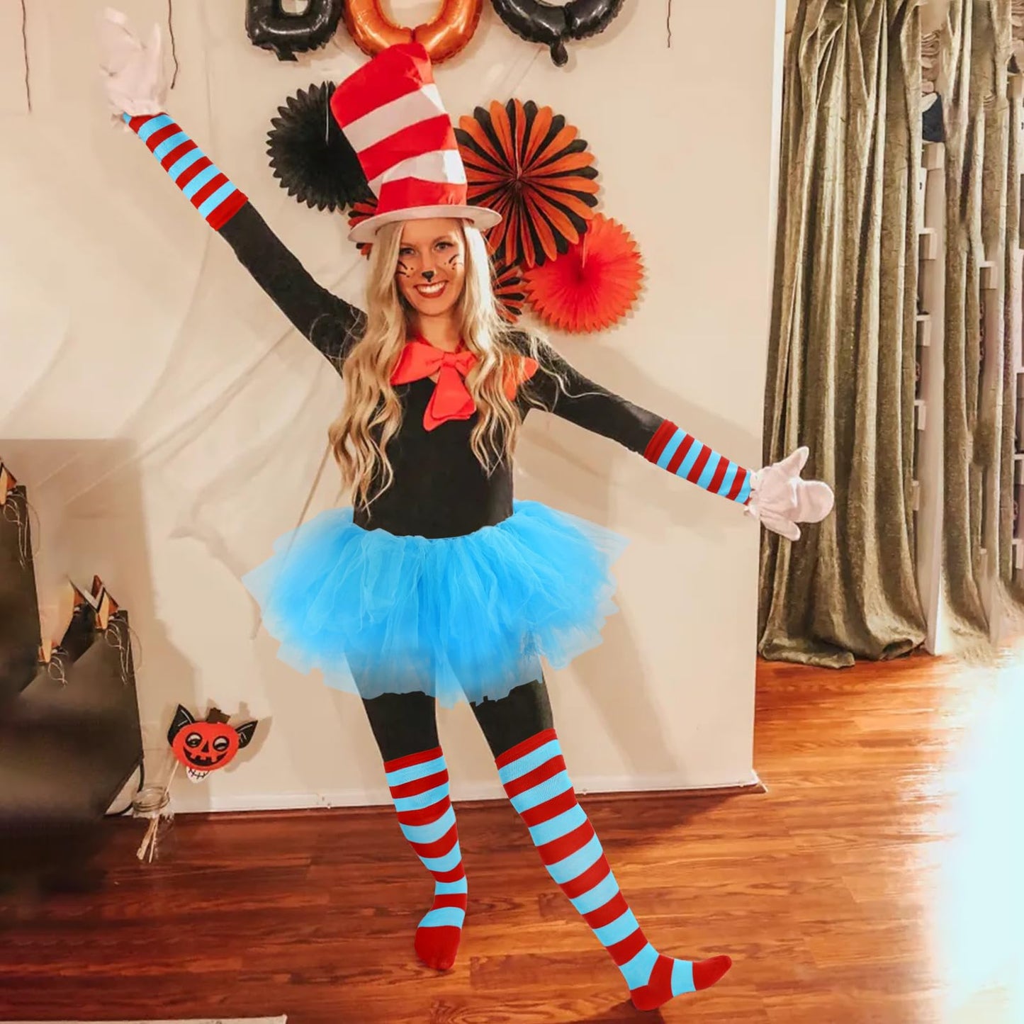 Junely Tutu for Women Adults Red and Blue Striped Thigh High Socks Fingerless Gloves Halloween Costumes Accessories