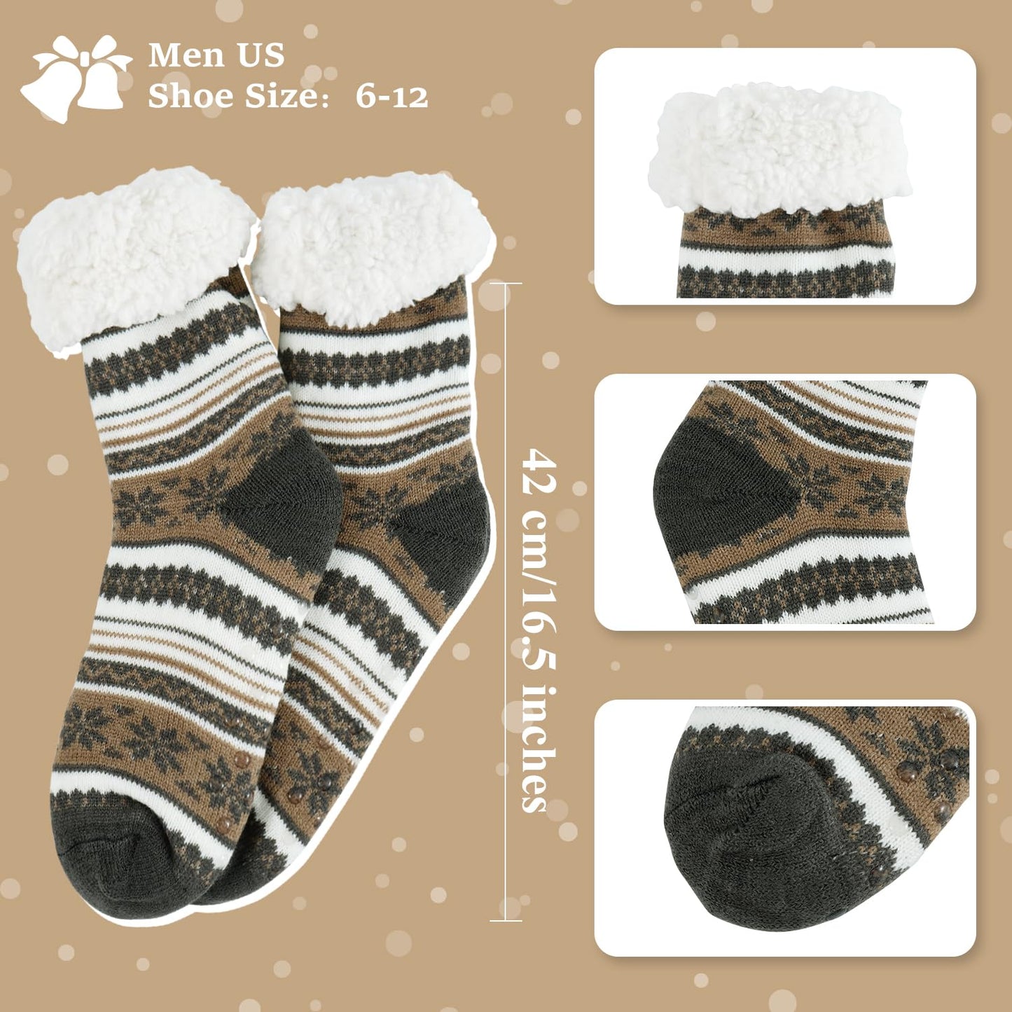 Junely Slipper Socks for Men with Grippers Fuzzy Cozy Fluffy Non Slip Warm Winter Thick Comfy Soft Fleece Cabin Socks Christmas Gifts Snowflake Brown