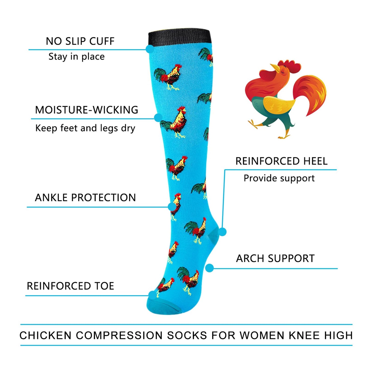 Junely Compression Socks for Women Chicken Rooster Knee High Stockings for Running Athletic Nurses Pregnant Women Work Support Travel Flight Sports Gifts Blue