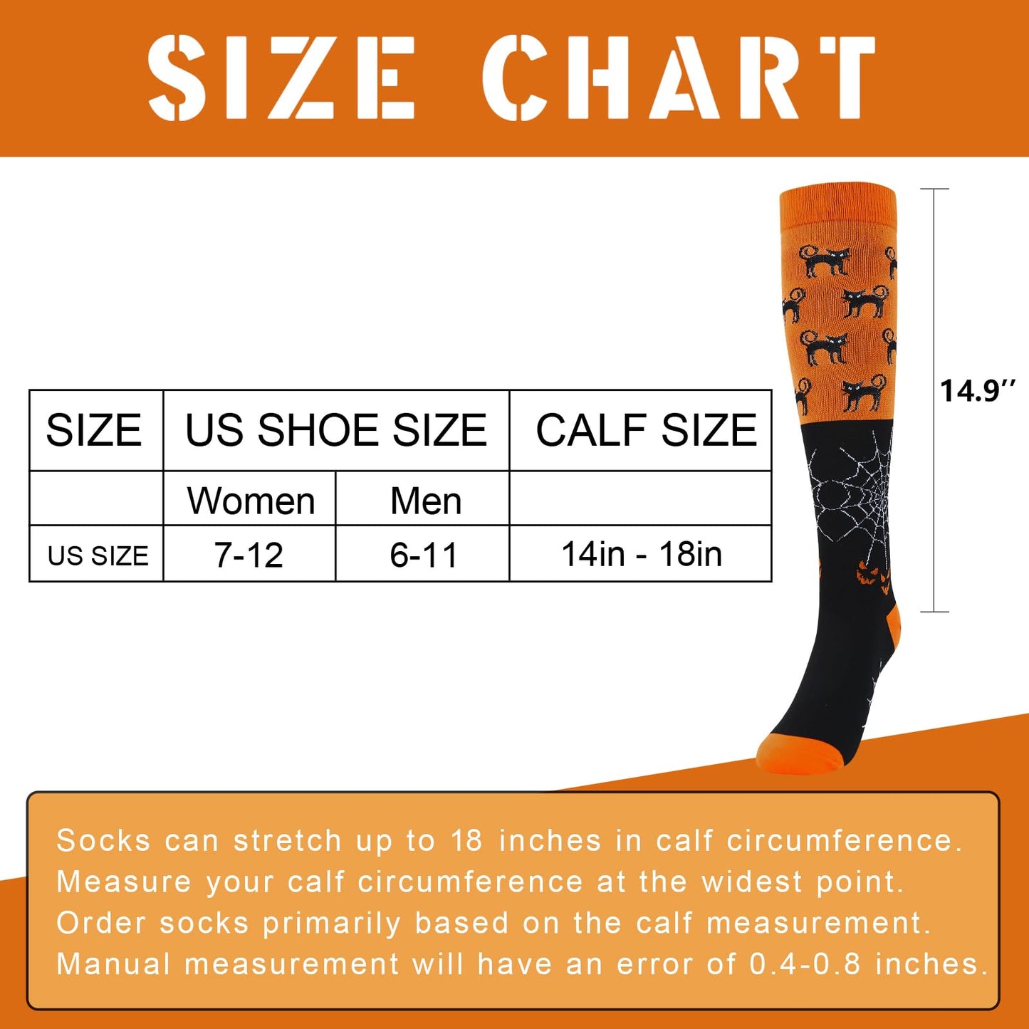 Junely Halloween Compression Socks for Women Knee High Cat Socks for Running Athletic Nurses Pregnant Women Work Support Travel Flight Sports Gifts Orange