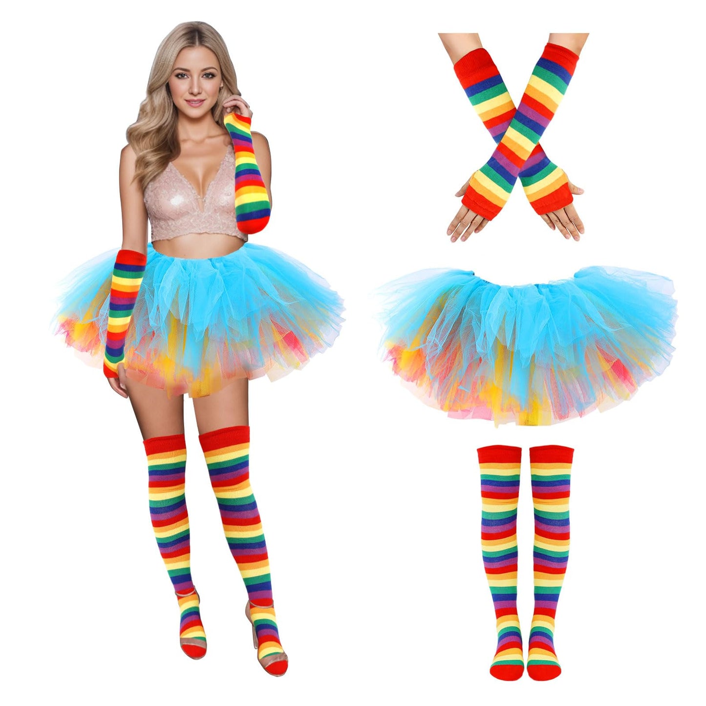 Junely Rainbow Tutu for Women Adults Striped Thigh High Socks Fingerless Gloves Pride Day Halloween Costumes Accessories